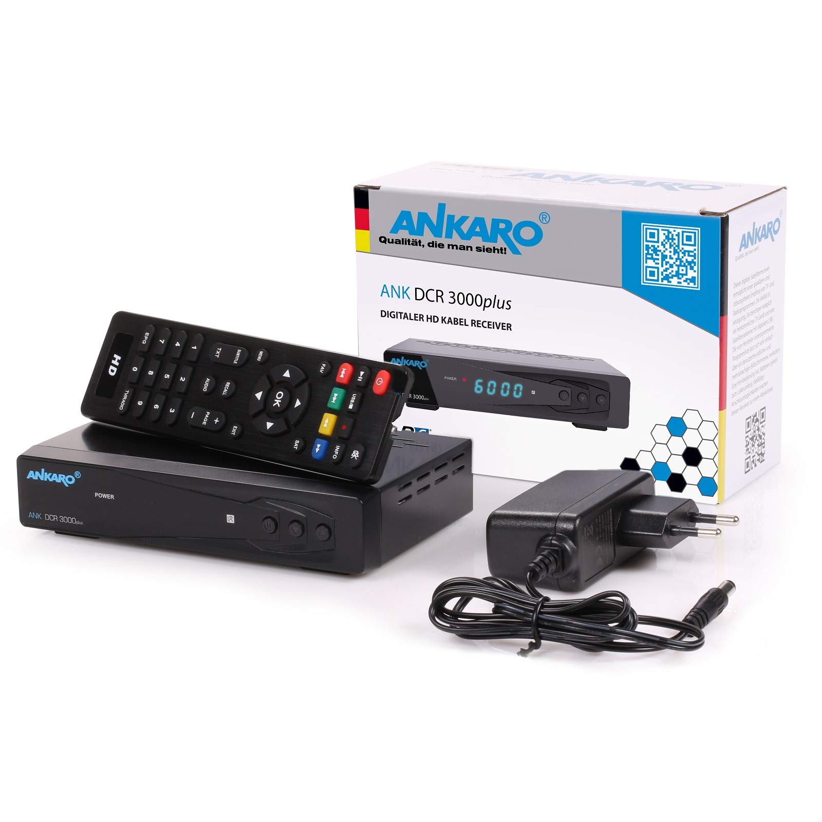 Ankaro DCR 3000 Plus Full HD 1080p Digital Cable Receiver for Cable TV (HDTV, DVB-C/C2, HDMI, SCART, Coaxial, Media Player, USB) Automatic Installation - Black