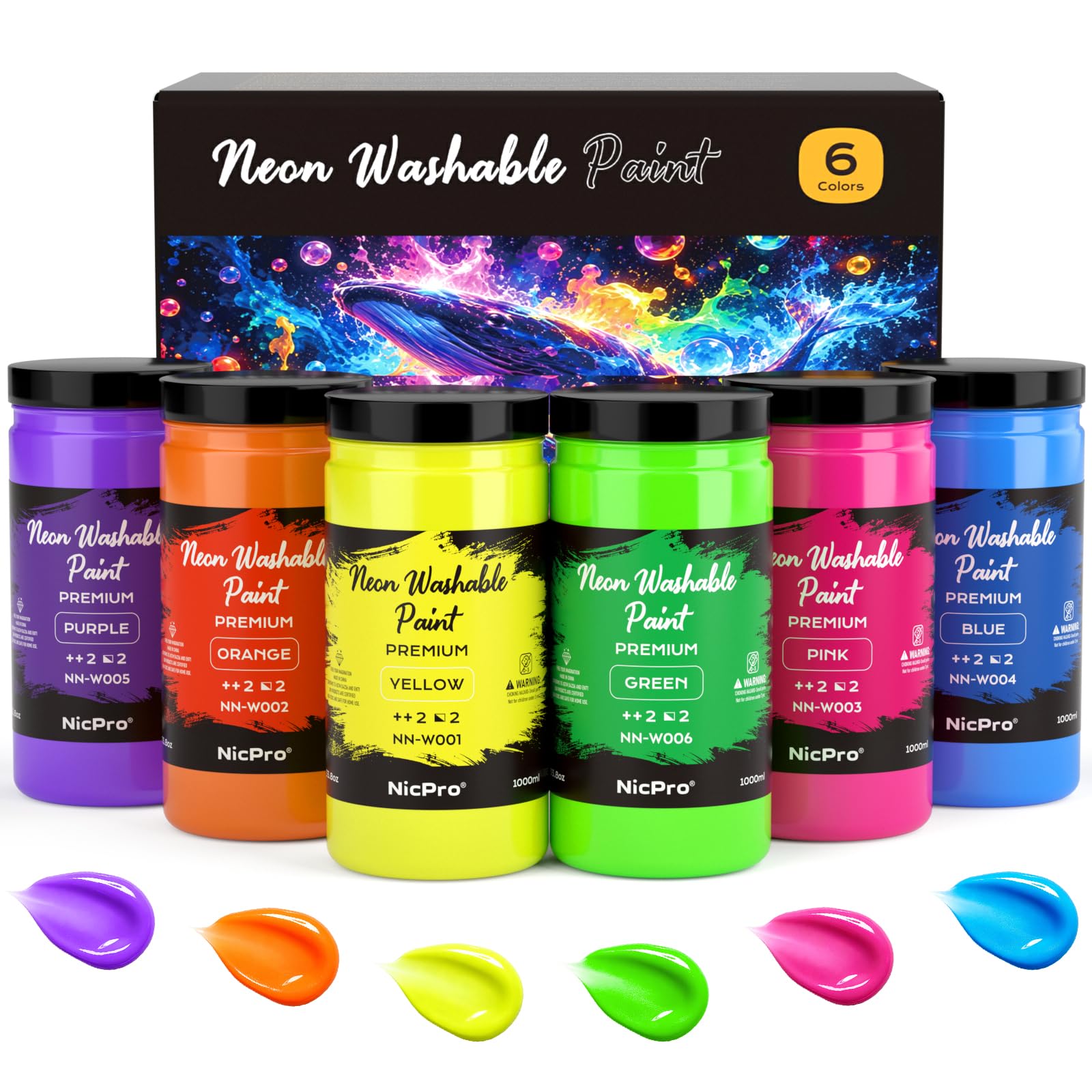Nicpro 6 Colors Fluorescent Large Washable Paint Set for Kids (33.8 oz)