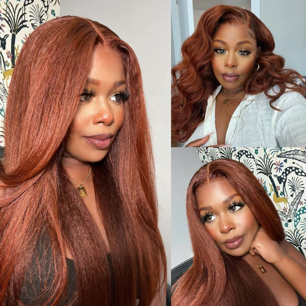 UNICE Reddish Brown Kinky Straight 13X4 Lace Front Wigs Glueless Human Hair for Women,Brazilian Remy Hair Yaki Straight Auburn Brown Colored Wig Pre Plucked with Baby Hair 150% Density 20Inch