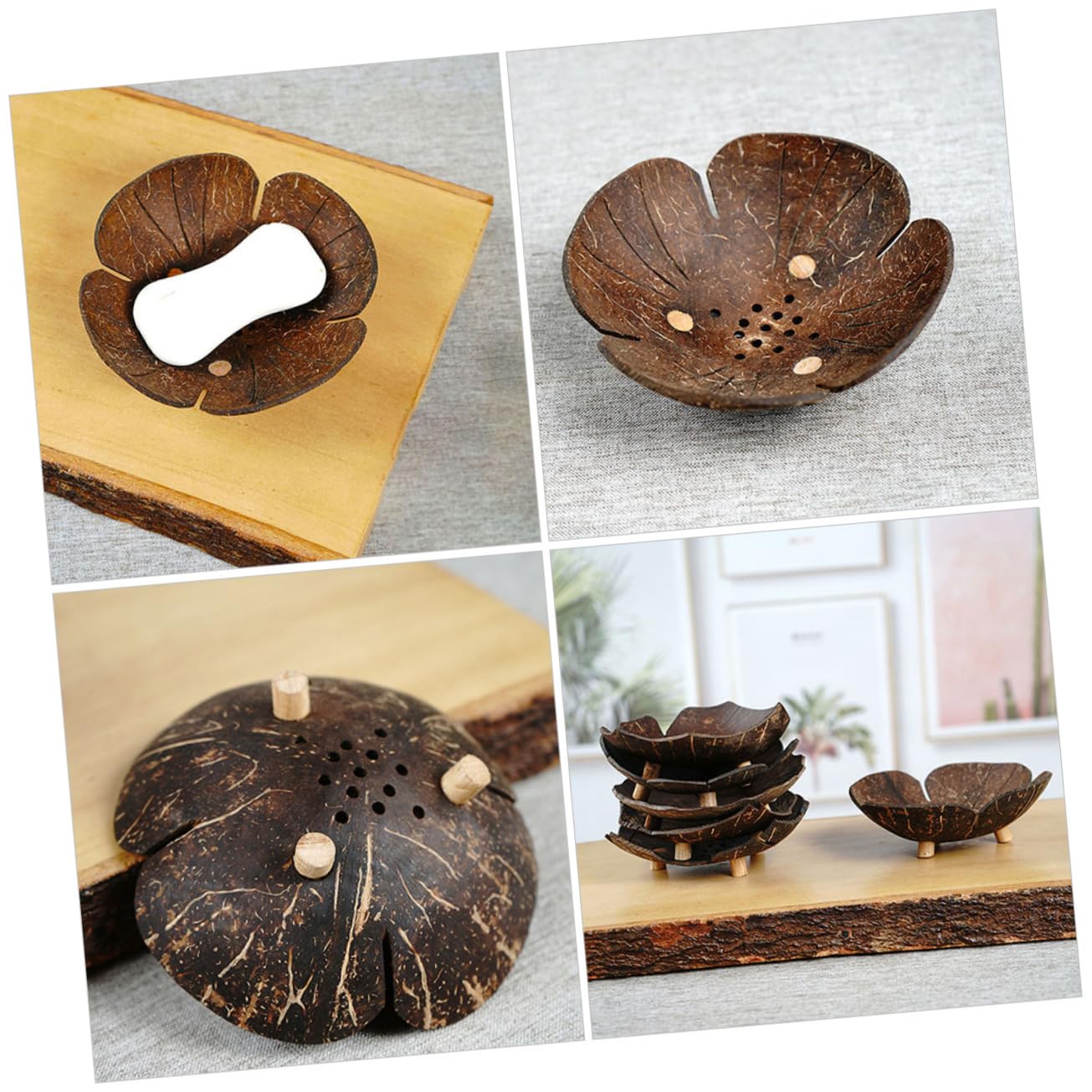 5 Stück Blumenförmige Seifenschale aus Holz und Kokosnussschale mit Ablauf Haushalts Seifenhalter für Bad Dusche und Küche Trocken Haltende Seifendose ohne Bohren Langlebig und