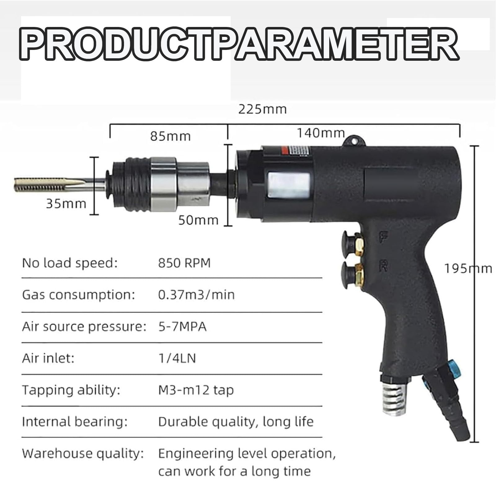 Machine À Tarauder Pneumatique M3-M12, Pistolet À Tarauder Pneumatique Portatif Avec Marche Avant/arrière Et Vitesse Réglable, Outil De Taraudage Pour Acier, Fer, Aluminium, Cuivre Et Plastique