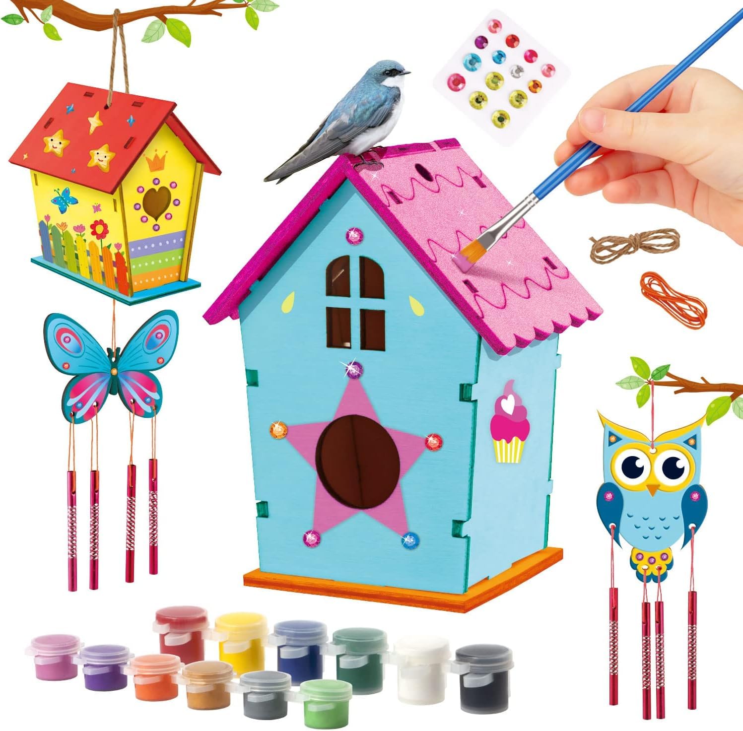 Byncceh 2 Stück Vogelhaus Holz Basteln Kinder – Kreatives Bastelset für Kinder zum Bemalen und Dekorieren, DIY Bastel Set, Ideal für Kindergeburtstag Basteln und Geschenkideen