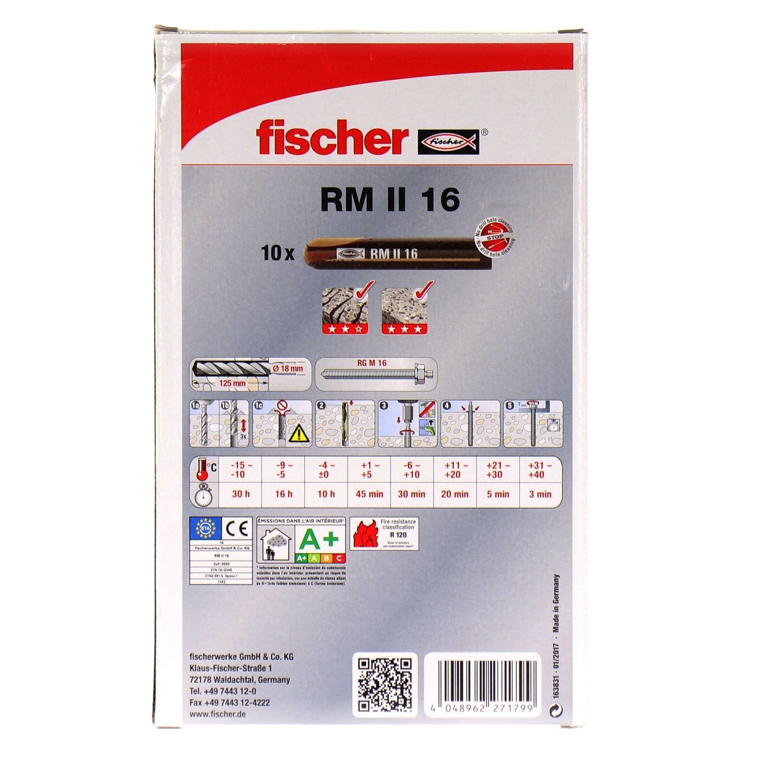 Fischer 10 x Fiale Ancorante Chimico RM II 16, Resina Chimica in Fiala di Vetro Pre-dosata per Calcestruzzo Fessurato, non Richiede Pulizia del Foro, 539800