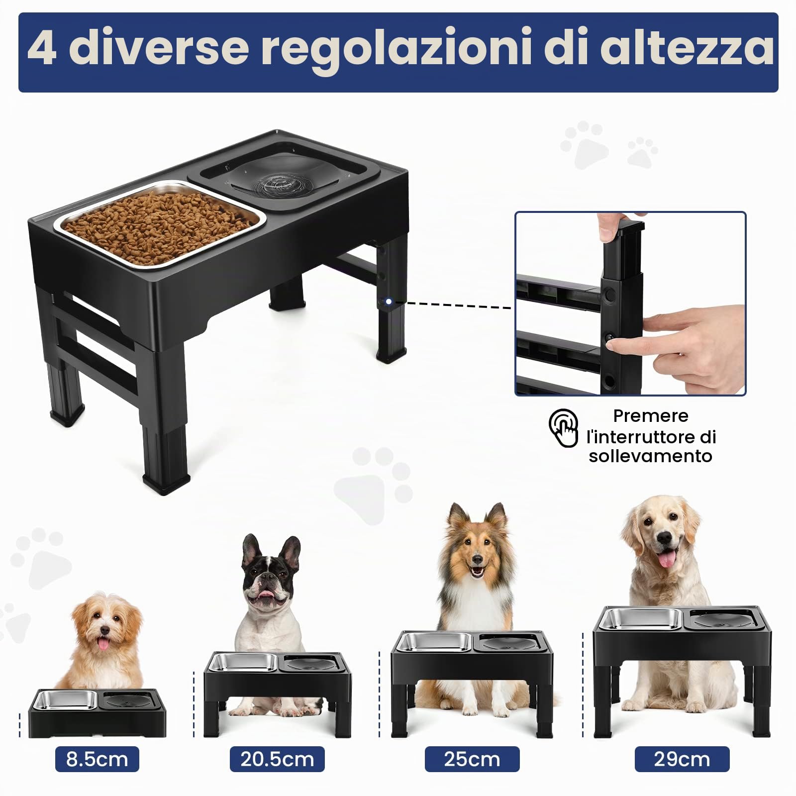 PETTOM Ciotole per Cani Rialzate, Ciotola per Cani Regolabile in 4 Altezza, Ciotola Acqua Antigoccia e Acciaio Inox Set, 1,6L*2