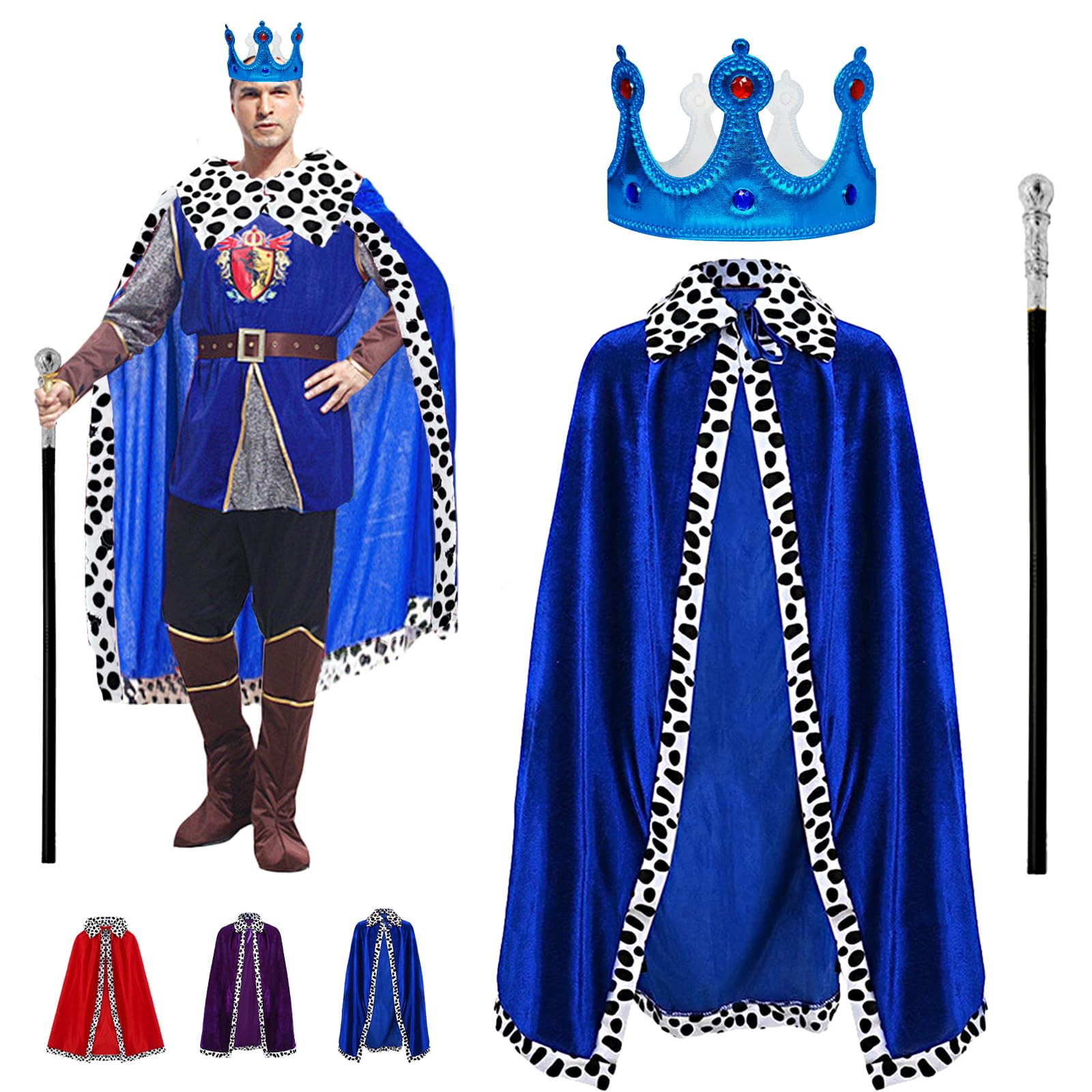 YOUYIKE 3 Pezzi Costume Da Re Per Adulti, Mantello Reale Costume, Mantello Del Re con Corona e scettro, per Carnevale Halloween Natale Festa Festa a 130cm
