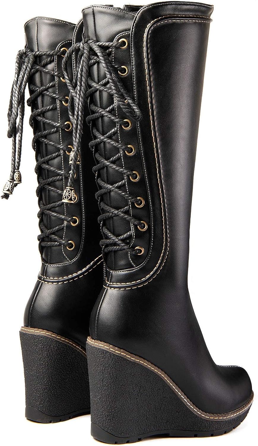 ANN CREEK 'Camux' Stitches Back Lace Mid-Calf Wedge Boots Black