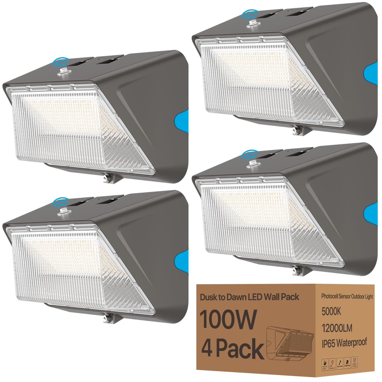100W Wall LED Lights 4Pack Wall Pack Lights Outdoor Led 100-277V Driver Equipped Dusk to Dawn Photocell, 5000K Daylight IP65 Commercial and Industrial LED Wall Lights for Garage Warehouse Factory
