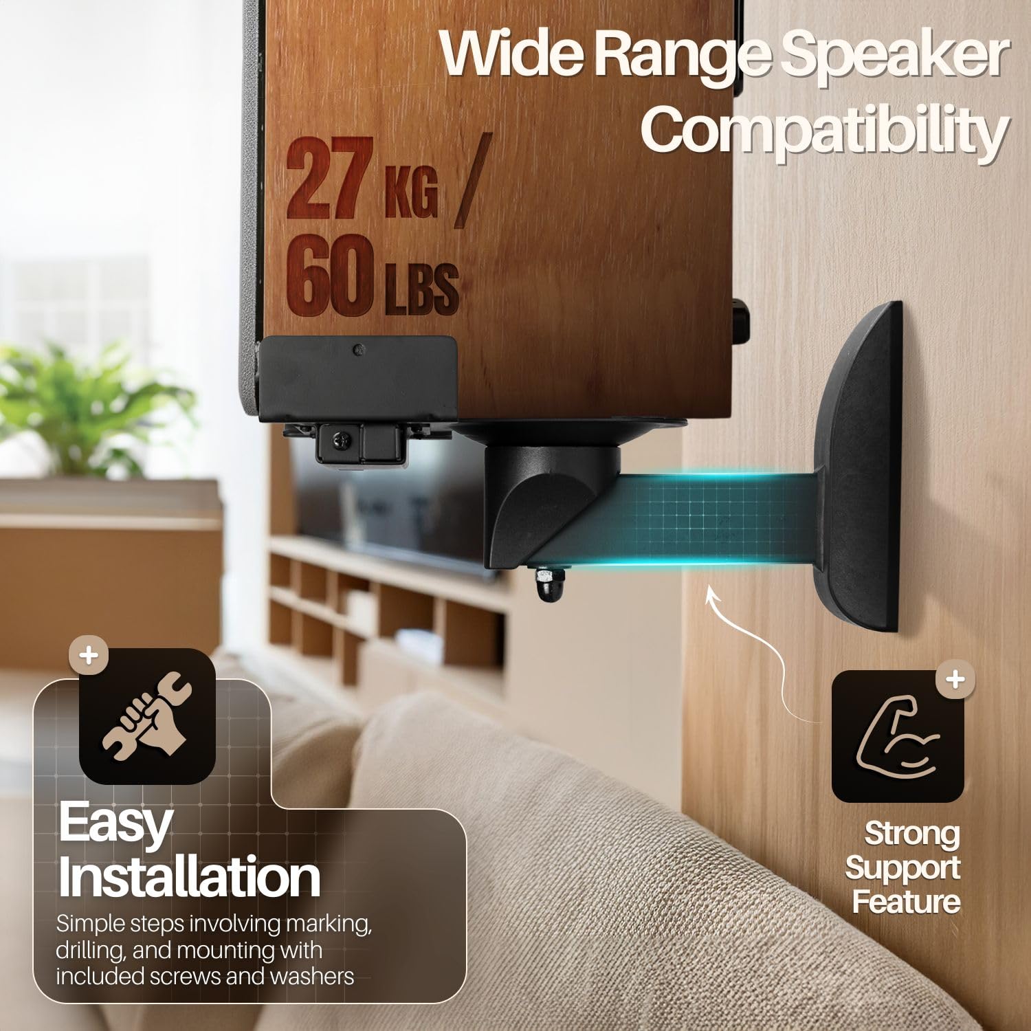 TNP 2X Universal Lautsprecher Wandhalterung, Universelle Lautsprecherhalterung Neigbar Schwenkbar Drehbar Halter Wandmontage Regal Box Wall Mount Boxen Wandhalterung Regalboxen, bis 30kg, Schwarz