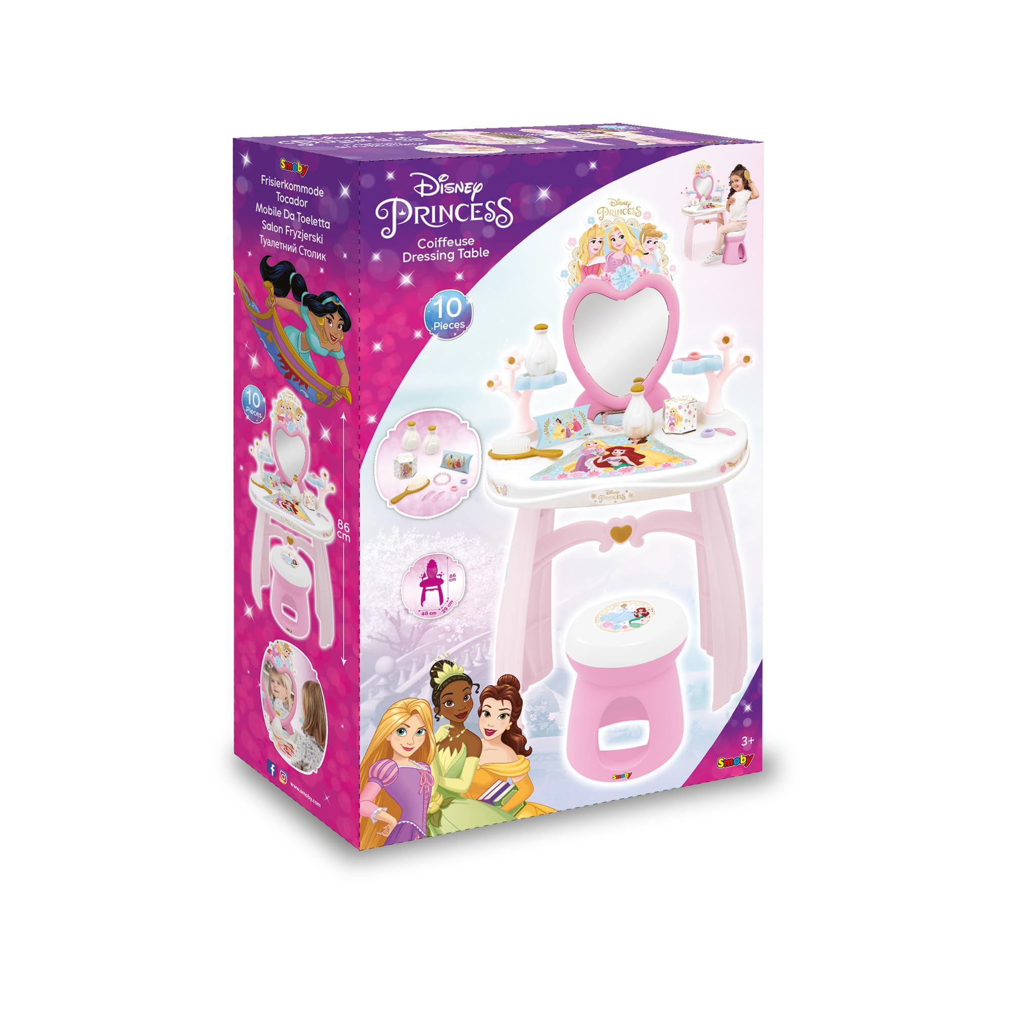Smoby Tocador Princesas Disney con Taburete hasta 50 kg Espejo y 10 Accesorios incluidos Juguete Infantil para Juegos de imitación creativos (7600320251)