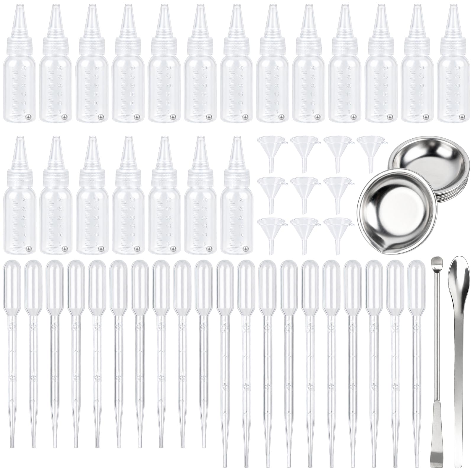 20 flaconi di vernice con sfera di miscelazione, 30 ml, vuoti, graduati, con tavolozza e imbuto, contagocce, bastoncino di miscelazione, miscelatore, bottiglie di plastica da spremere, per
