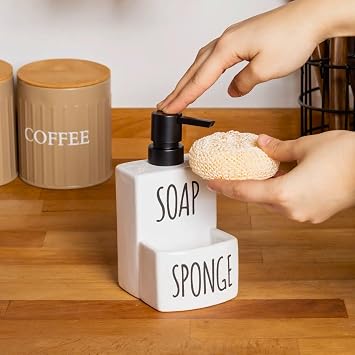 Sıvı Sabunluk ve Süngerlik Seti – Mutfak Banyo Düzenleyici, Seramik Sabunluk Pompalı, Sünger Organizer, Şık ve Pratik Lavabo Üstü Deterjanlık 17 x 9 cm Sünger Hediyeli