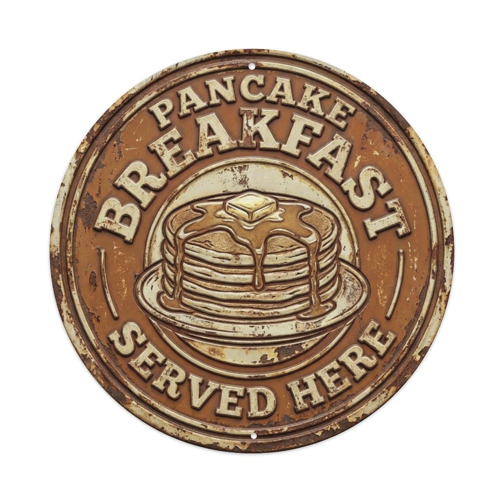 Pancake Breakfast Served Here Classic Bedroom Ornament Retro Slogans Vintage Metal Tin Sign Plaque Wall Decor for Cafe, Club, Garden Round Metal Poster 8x8Inch