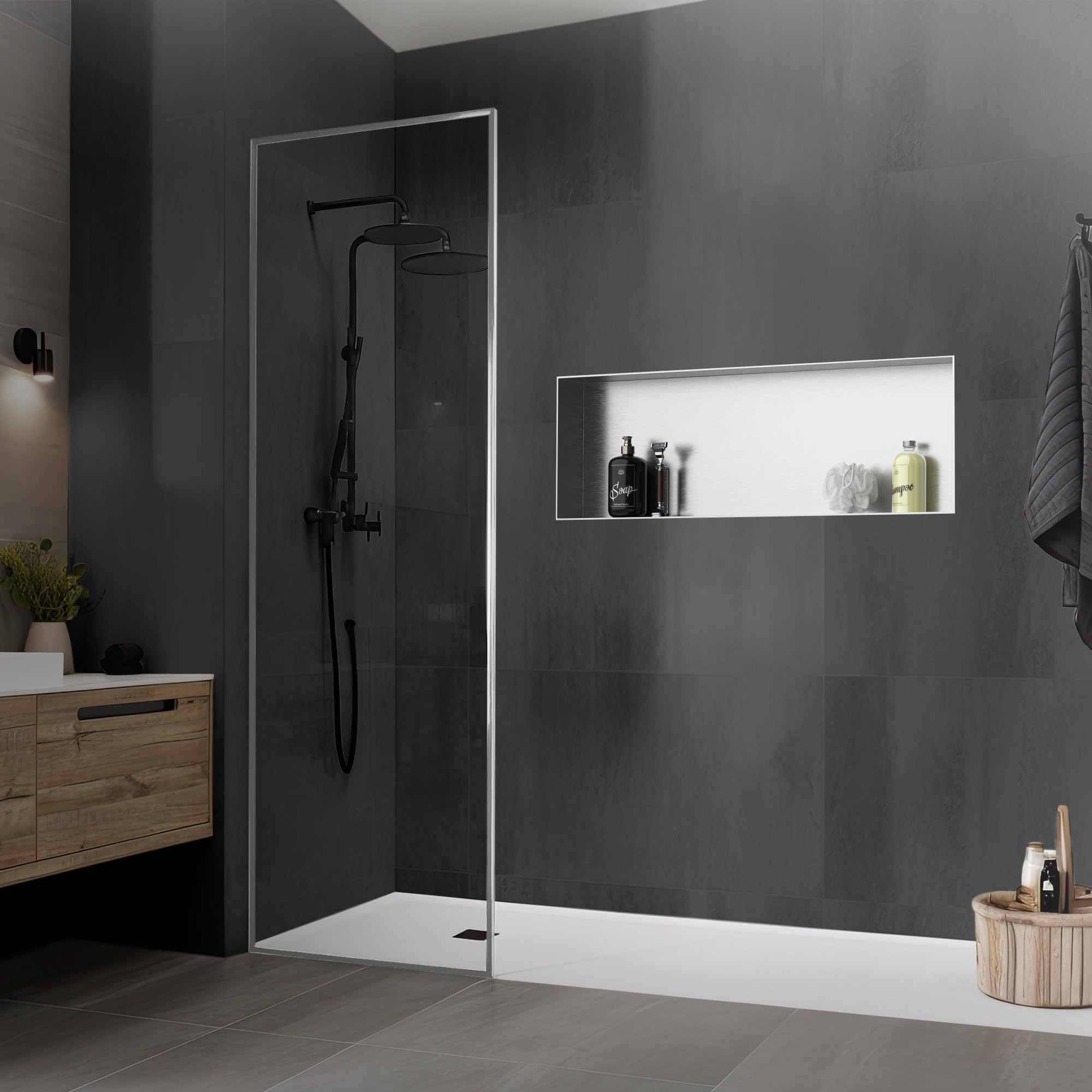 LuxeBath Niche de Douche Encastrée Murale, 90x30x10 cm, en Acier Inoxydable, Argent, sans Rebord, Étagère Encastrable Salle de Bain, Seule Couche, Rangement Articles Toilette, avec Matériel Montage