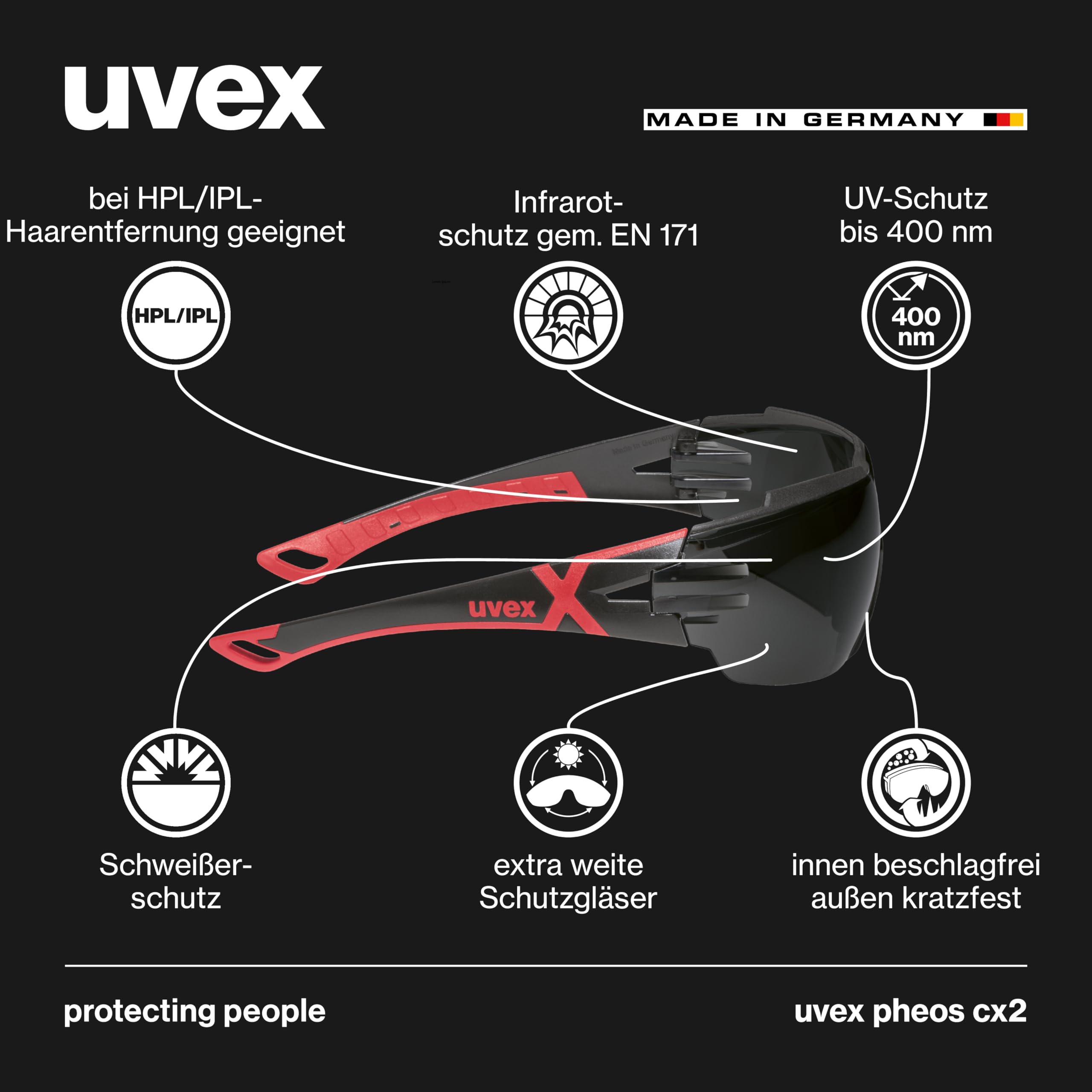 Uvex pheos cx2 Schutzbrille für HPL/IPL-Haarentfernung Augenschutz Infrarot UV-Strahlung metallfrei Anti-Beschlag kratzfest getönt IR-ex 5