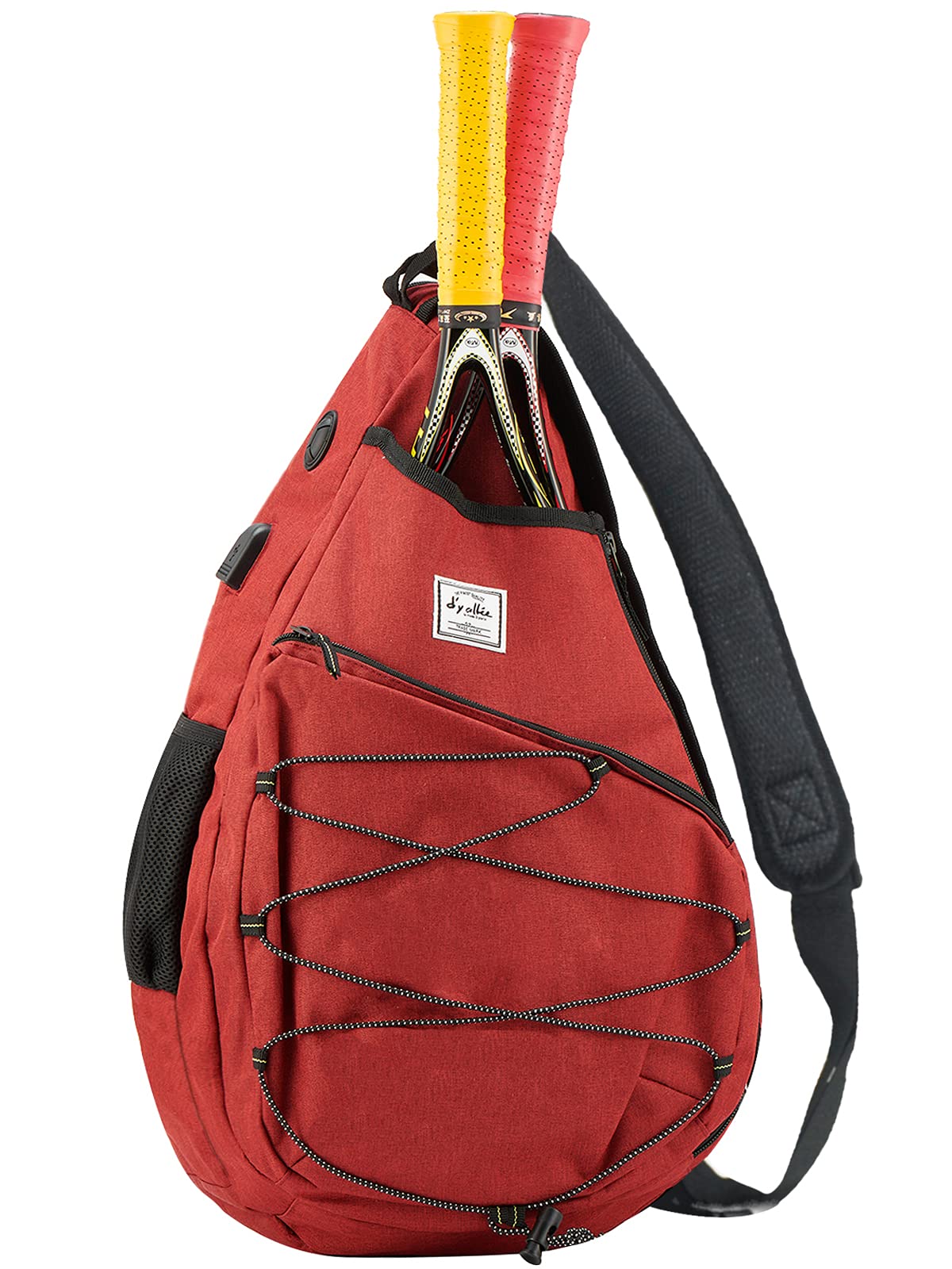 d'yallee Tennis Bag for Men Women, Racquetball Pickleball Paddle Squash Sling Bags Crossbody Sports Backpack Adult with USB Charge Port (Burgundy)