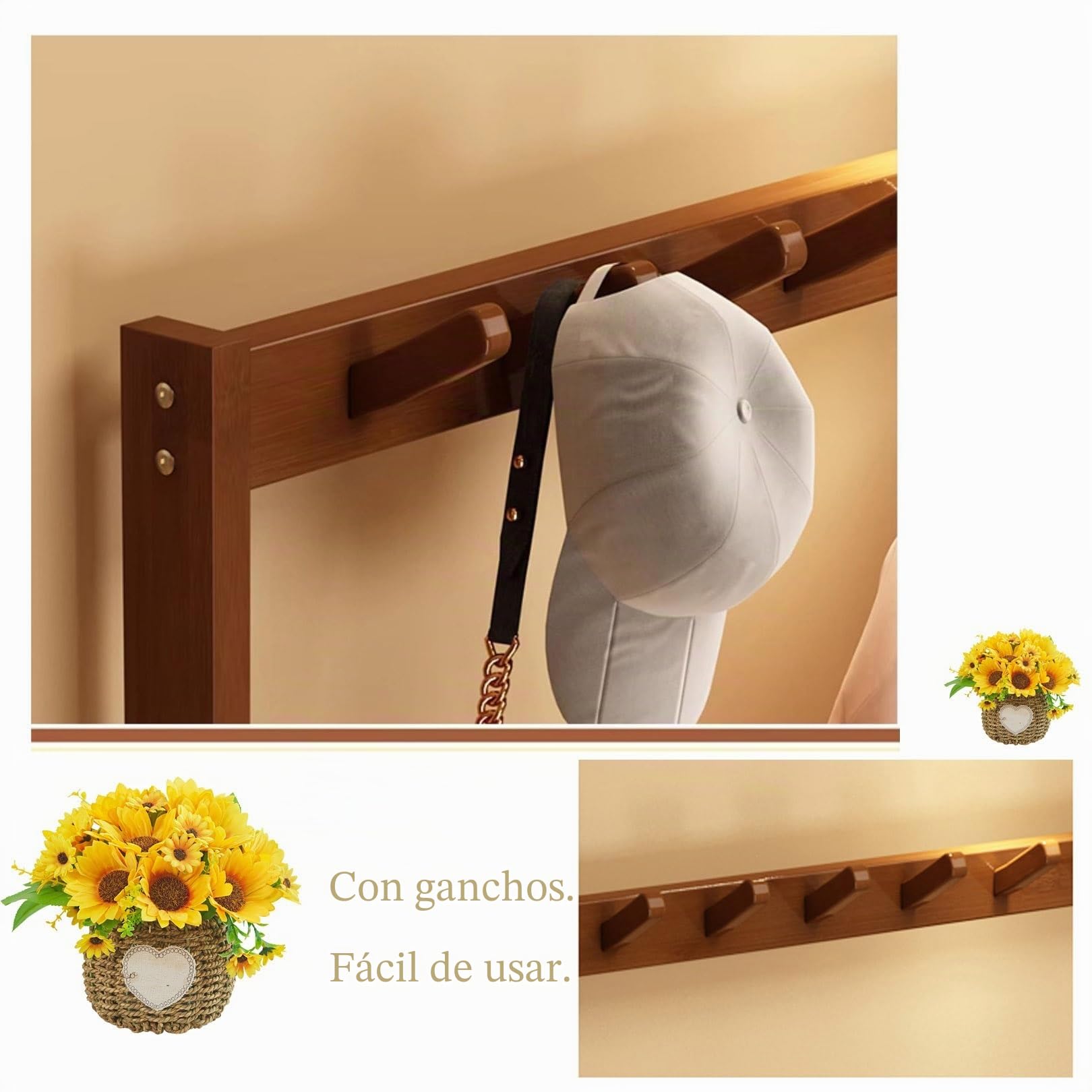 Perchero Zapatero, Perchero con Banco Recibidor, 3 en 1, Ganchos,para Entrada Pasillo(50cm/19.7in)