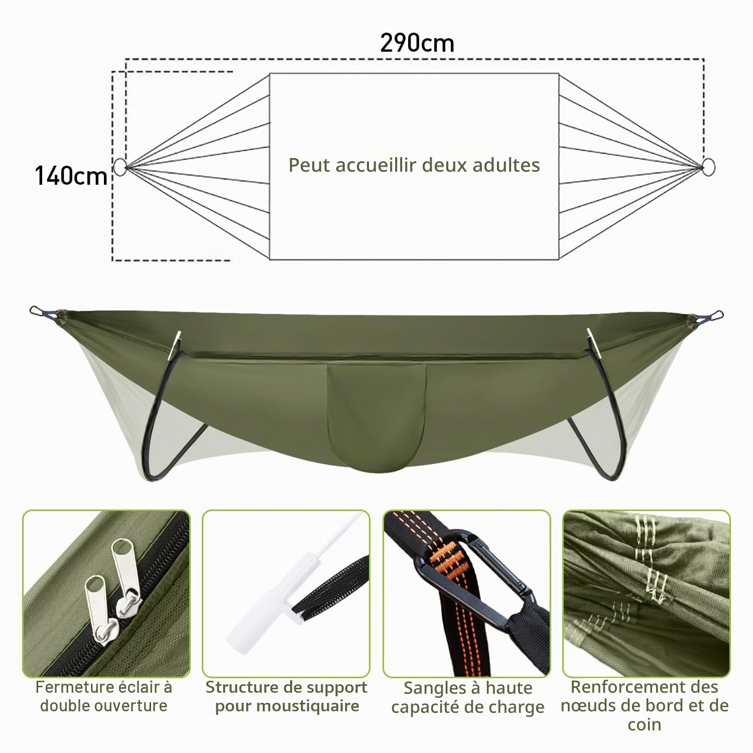 Hamac de camping avec moustiquaire et bâche, sangle d'arbre robuste, portable, léger, double parachute, tente imperméable pour camping, randonnée, voyage, terrasse