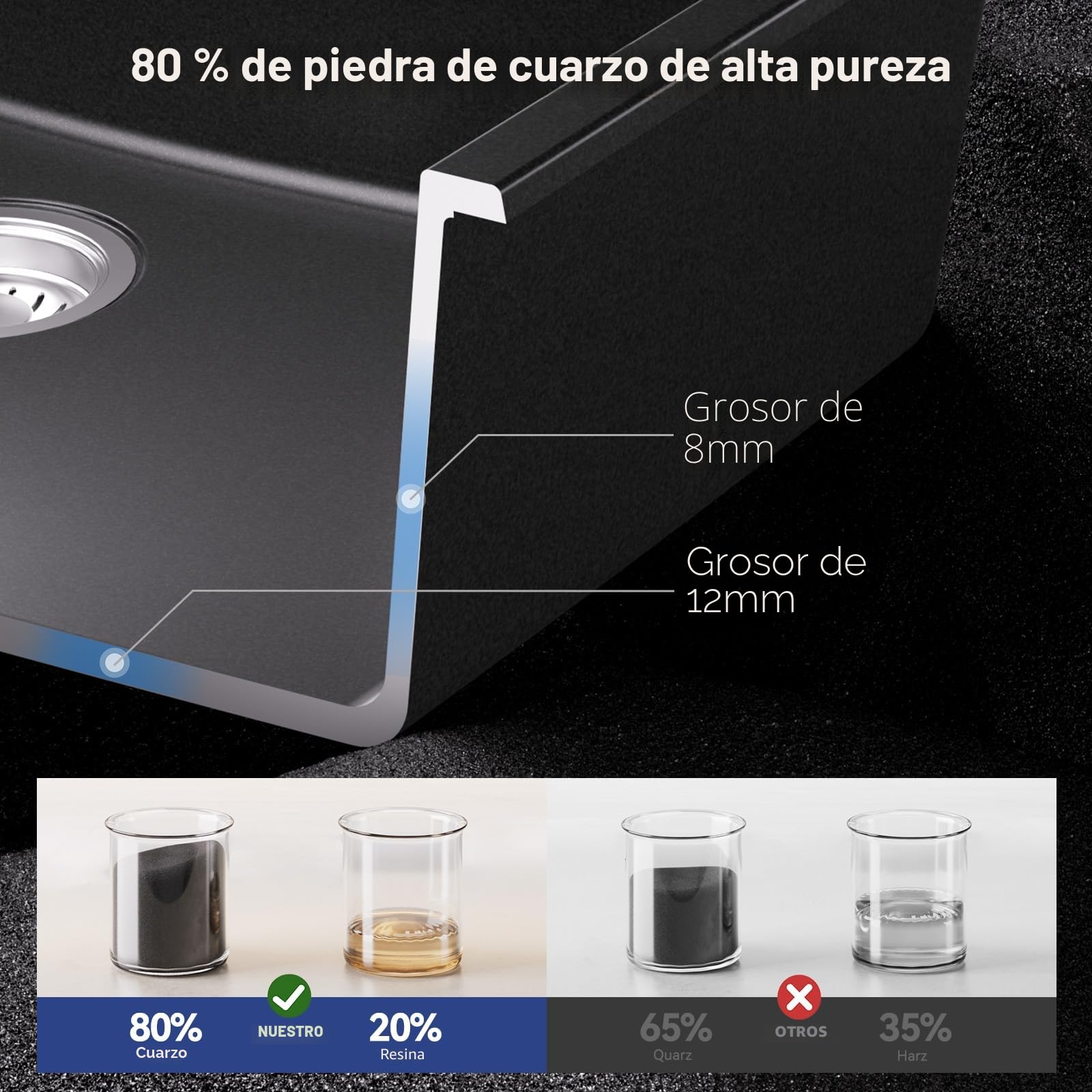 Fregadero de granito negro 70x45 cm con grifo mezclador y juego de ducha extraíble, fregadero de cocina rectangular para mueble bajo de 70 cm, fregadero de cocina con accesorios de drenaje