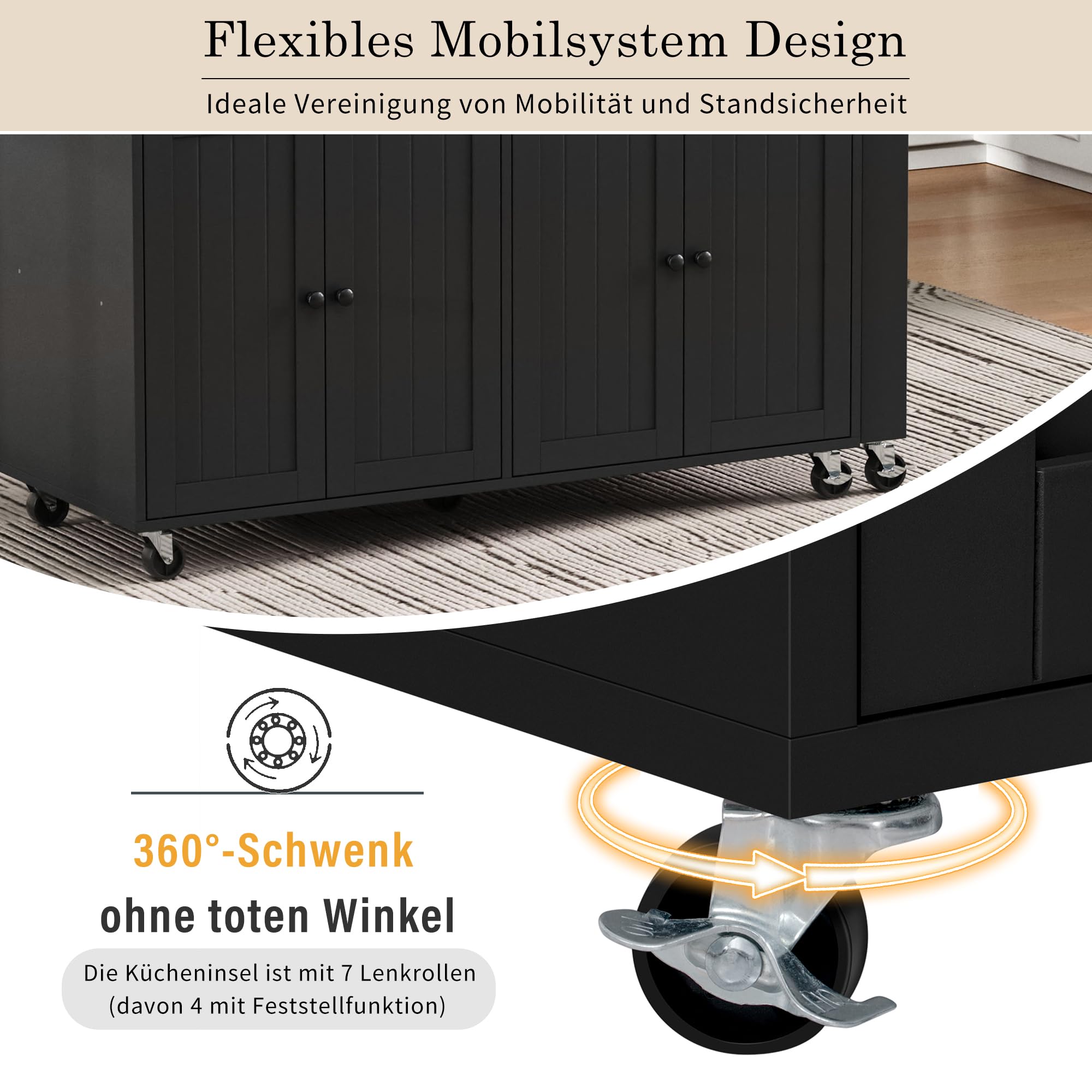 Mobile Kücheninsel auf Rollen mit ausziehbarer Arbeitsplatte (112–180 cm), Küchenwagen mit Stauraum & Schubladen, freistehend für Küche & Essbereich (Schwarz & Natur)