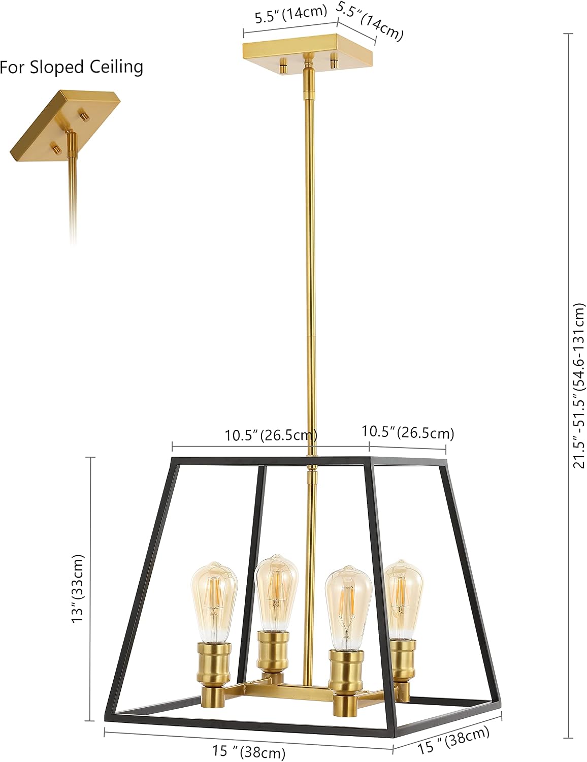 JONATHAN Y 15" Black/Brass Gold Farmhouse Industrial 4-Light Iron LED Pendant Light for Kitchen Island Dining Room, Modern Cage Lantern, Adjustable Height, 4 Bulbs Included JYL6510A