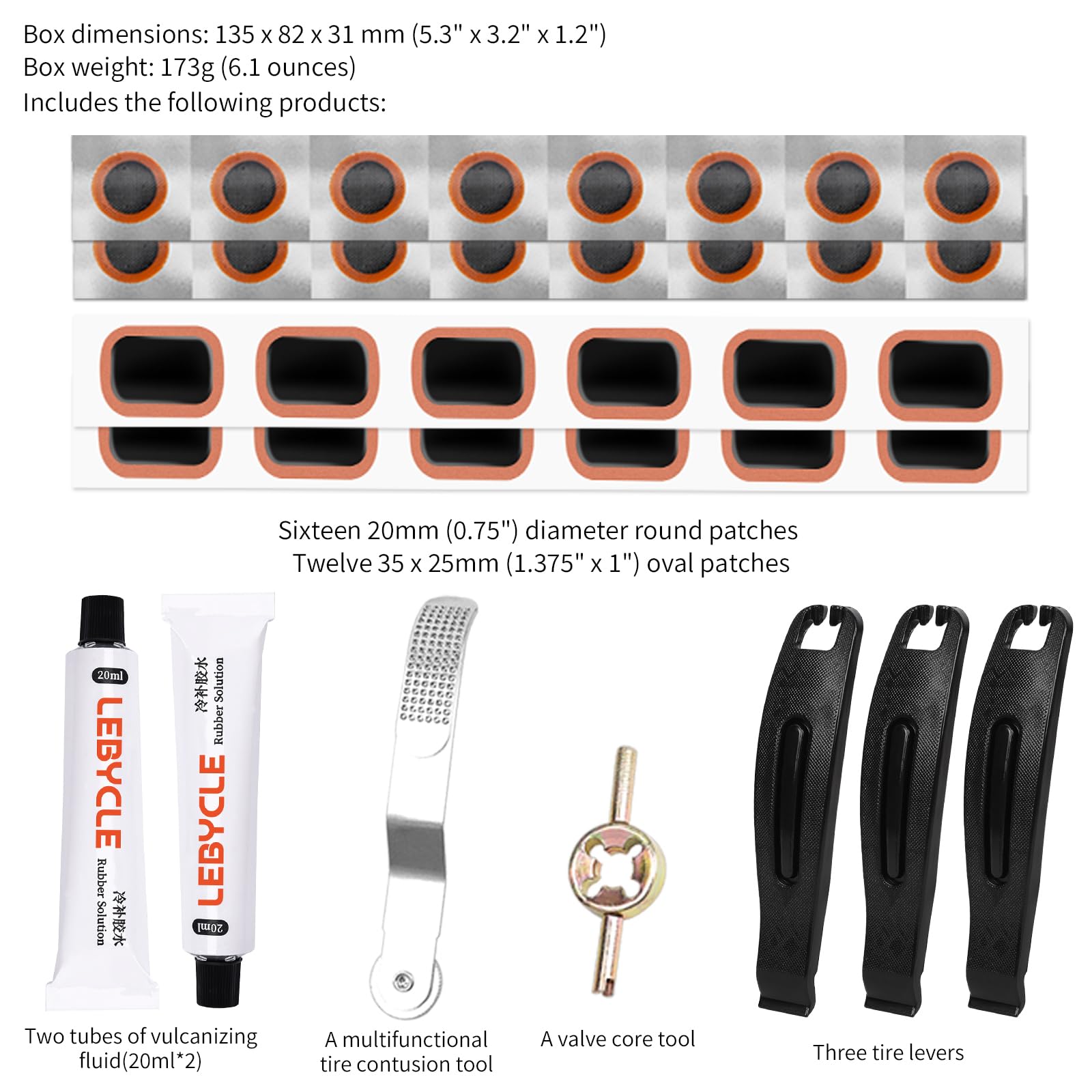 El kit de reparación de parches interiores para neumáticos de bicicleta incluye solución de goma/líquido de vulcanización, parches de neumáticos de bicicleta, raspado de metal, llave de núcleo de