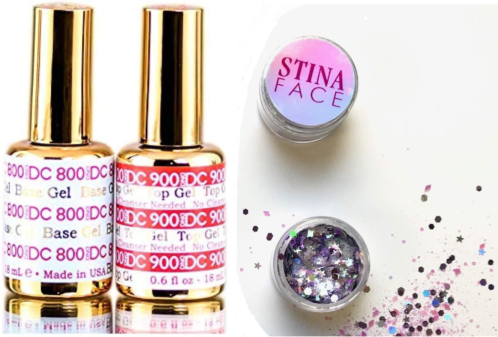 DND DC 800 Base Gel & 900 Top Gel (NO CLEANSER NEEDED) DUO SET, Soak off Gel All In One Base & Top Coat KIT for Daisy Nails (with bonus side Glitter) Made in USA (800 BASE & 900 TOP DUO PACK.)
