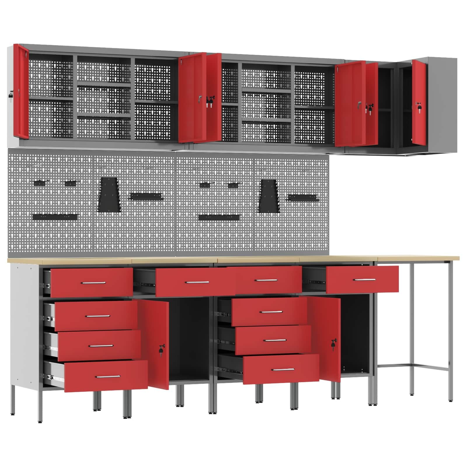 Arbeitsschrankset mit Schubladen und Regal 12-teilig rot grau pulverbeschichteter Stahl Engineering-Holz 255x55x220 cm mit Werkzeughalter Haken Wandmontage für Werkstatt Ordnung