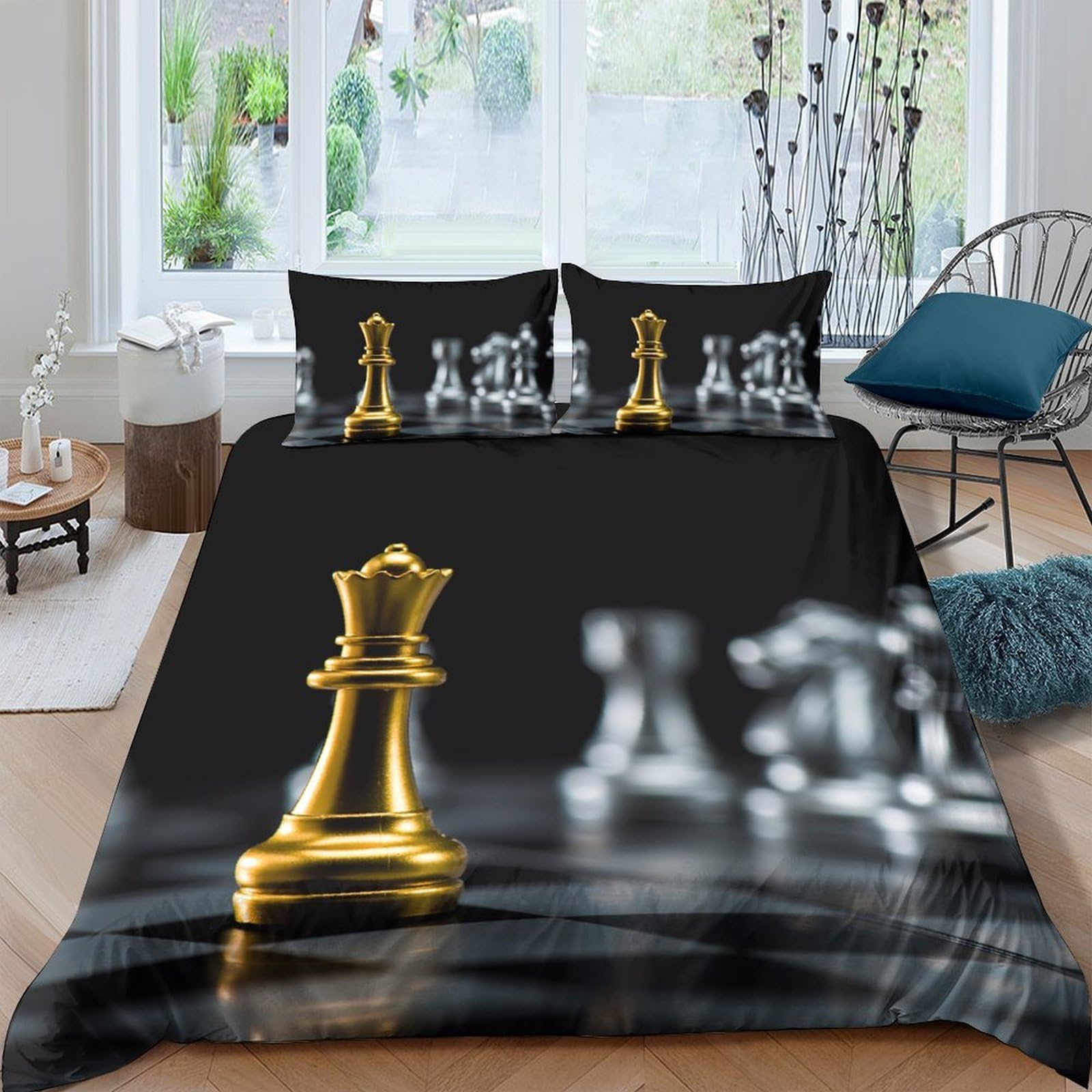 Ctjqhvkz Style-1 3D Printed Golden Chess Fitted Sheet Microfiber Soft Anti-Slip Black Silver Chessboard Mattress Cover Bedroom Decor Single（135X200cm）
