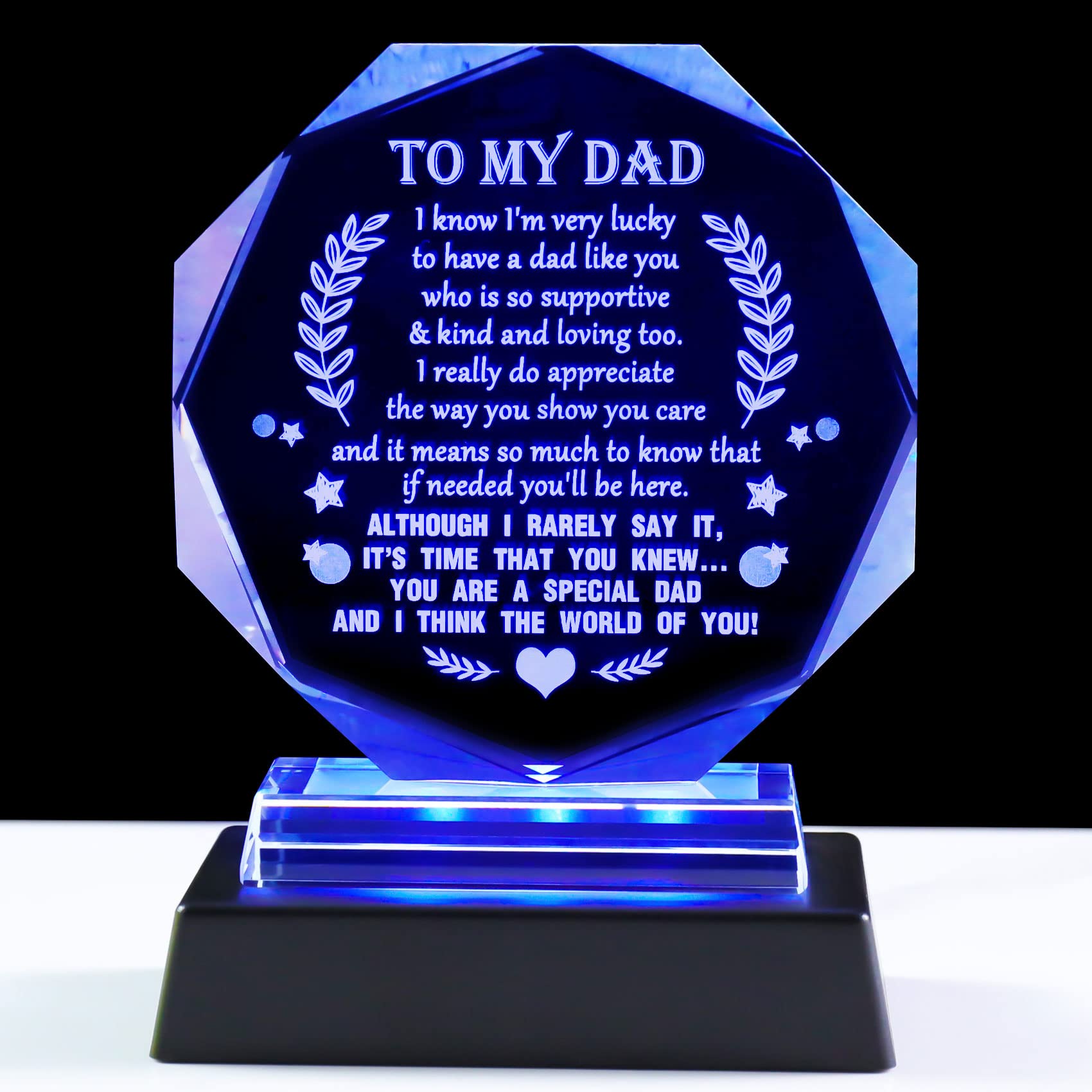 YWHLFather's Gift Sign, Decorative Glass Keepsake with Light Base, Blue Star, 4.7" x 4.2" x 1.4"