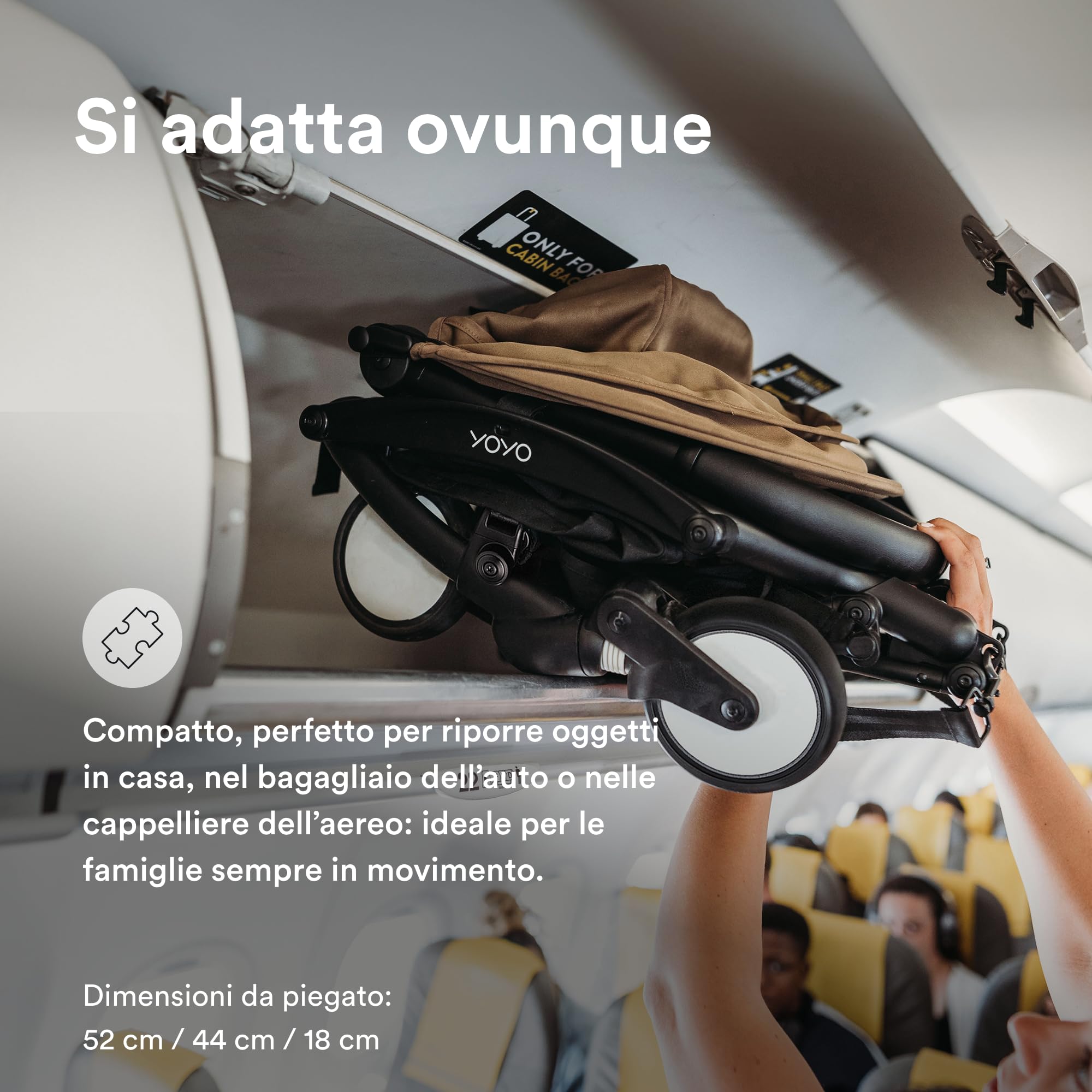 Passeggino Stokke YOYO3 da 6 mesi - Include telaio nero/cuscino seduta Toffee + Capottina - Si ripiega e si apre in un lampo - Leggero e compatto - Compatibile con il bagaglio a mano