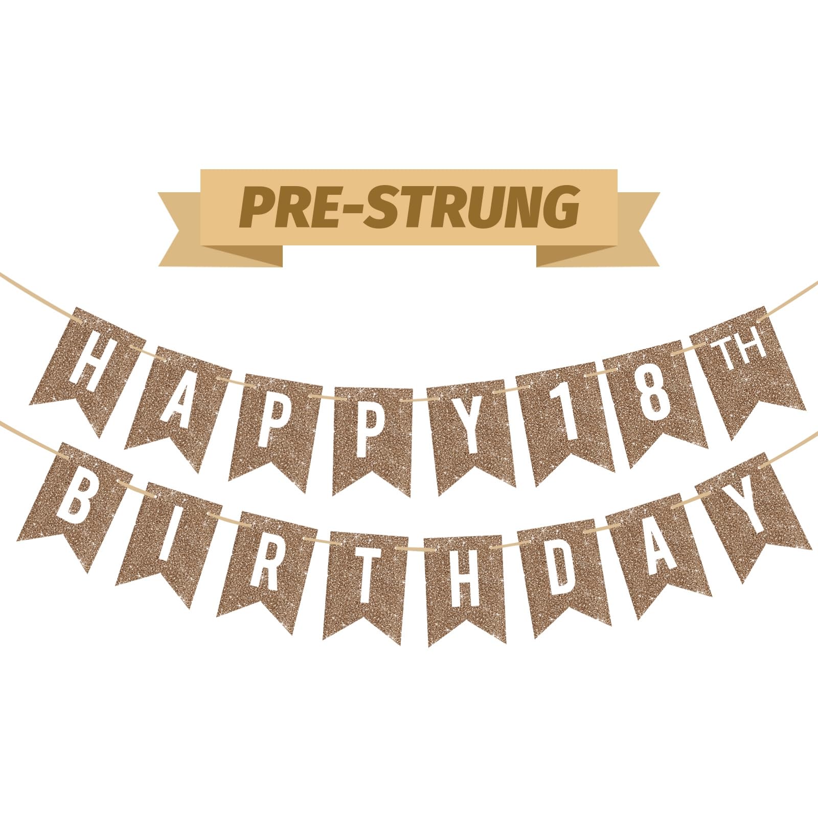 Pre-Strung Champagne Gold Glitter Happy 18th Birthday Banner Decorations, Age 18 Happy Birthday Bunting Sign for Backdrop, No Assembly Required Hanging Garland for Boys and Girls Party Decorations