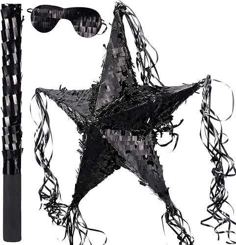 Hanaive Piñata de estrella de aluminio con venda y murciélago para cumpleaños, piñata plegable en forma de estrella con palo, suministros de fiesta