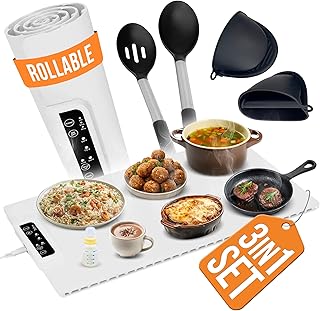 5 Pcs Premium Portable Food Warming Mat Set – Electric Warming Tray for Buffets, Parties & Daily Use with 3 Temperature Setting, Roll-Up Silicone Mat with Utensils & Plate Holders, Cream
