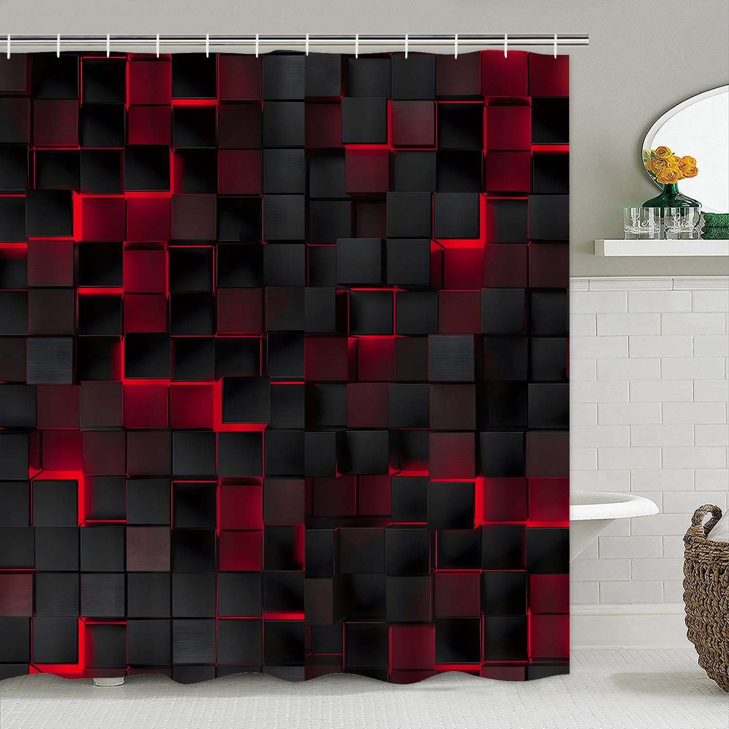 LQCOOL 4Pcs Shower Curtain Set Black 3D Cubes Shower Curtain Set Modern Bathroom Sets with Shower Curtain and Rugs Red Shower Curtain with 12 Hooks