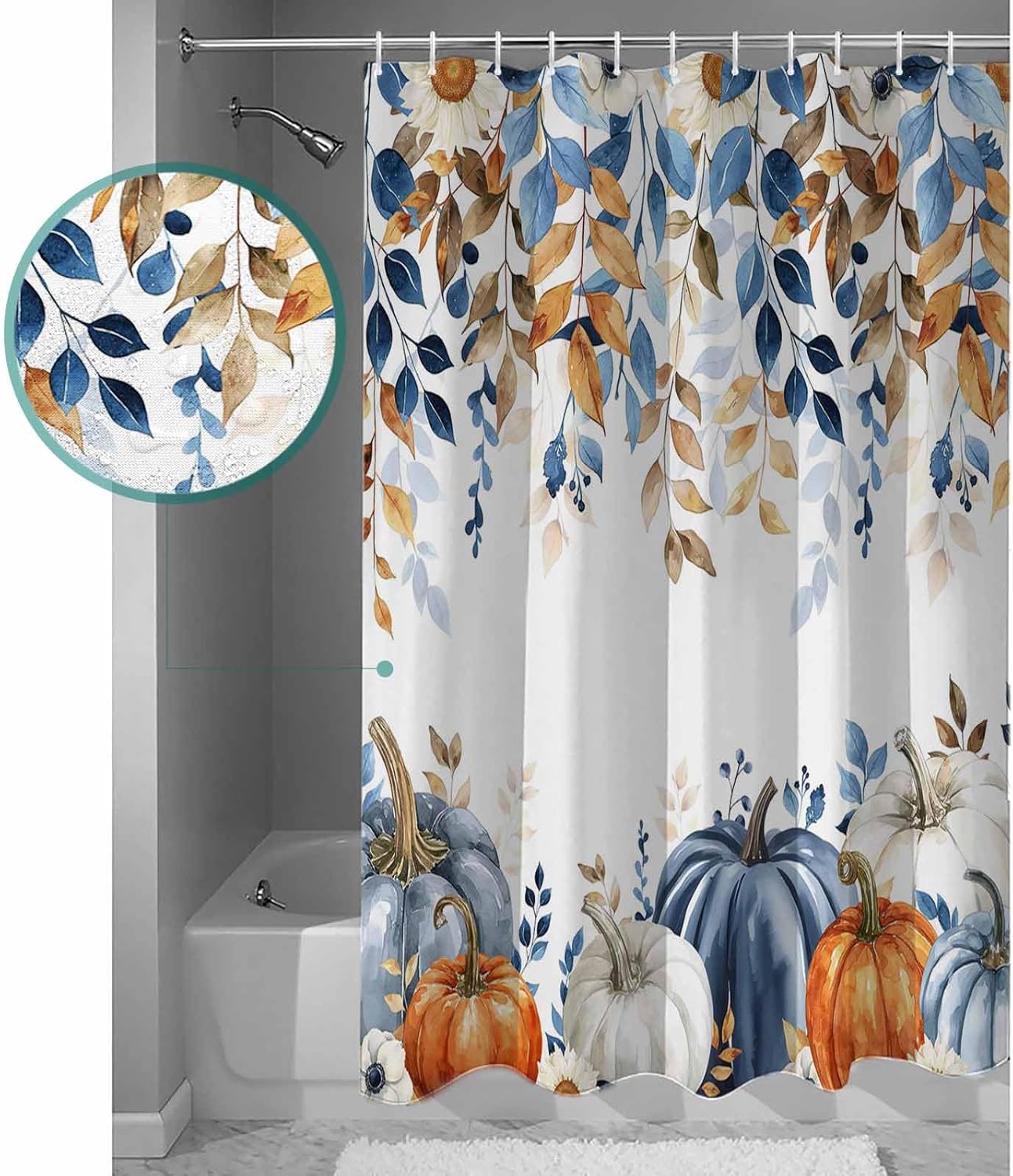 Fall Blue Pumpkins Shower Curtain Set - 48" x 72" Thanksgiving Orange Gray Washable Bathtub Curtain with 12 Hooks, Botanical Waterproof Fabric Stall Shower Curtains for Bathroom Décor