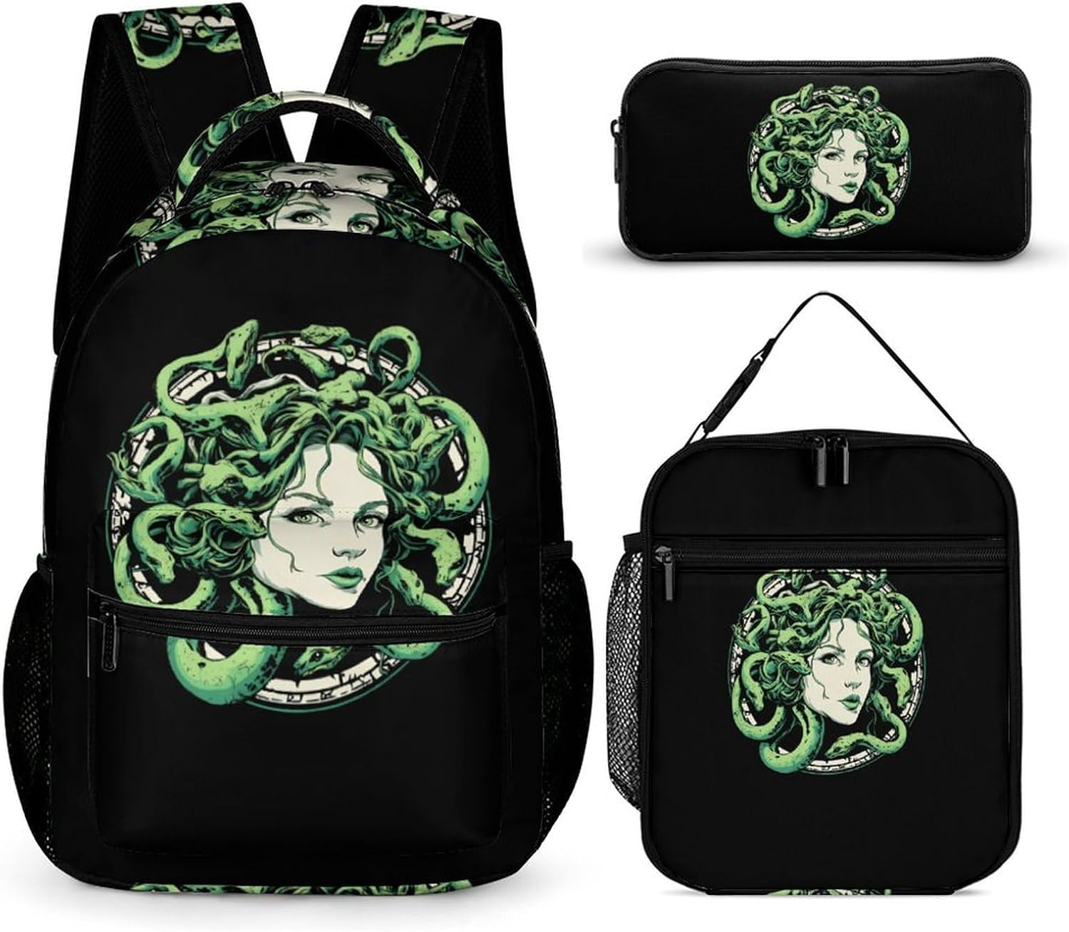 Medusa Green Snakes Funny Backpack 3 Piece Set Daypack with Lunch Bag And Pencil Case for Outside Activities Travel
