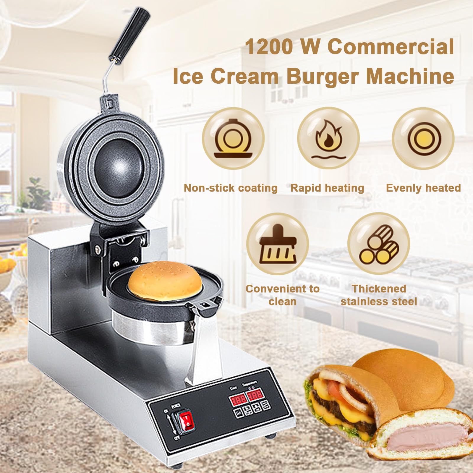 Máquina Comercial para Hacer Hamburguesas Y Helados, con Rotación De 180°, Sandwichera Eléctrica, Temporizador De 0-5 Min Y Control Digital De Temperatura De 50-300 °C