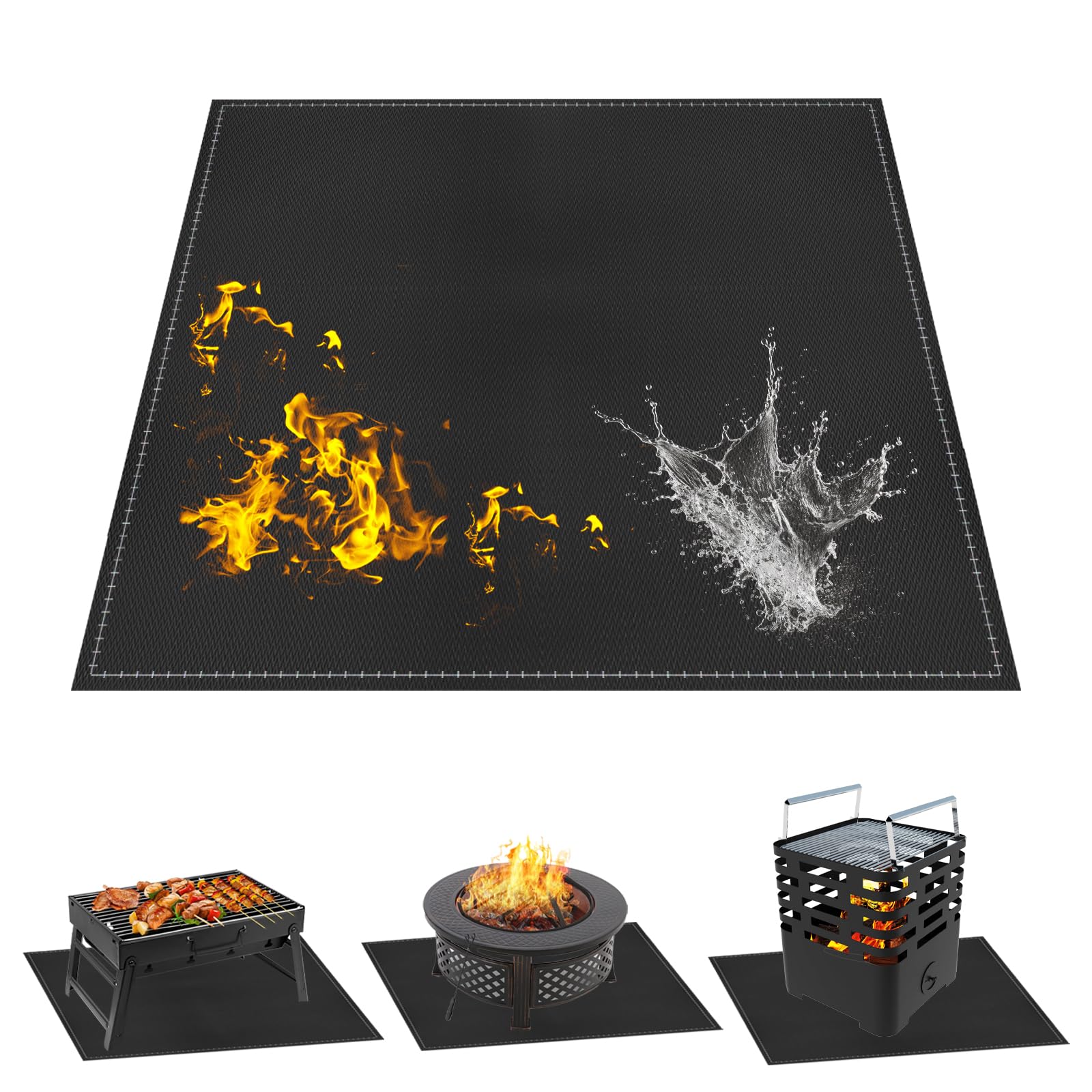 Waterproof Outdoor BBQ Mat - 96 x 96cm, Fire Resistant Fire Pit Mat with Oxford Nylon Storage Bag