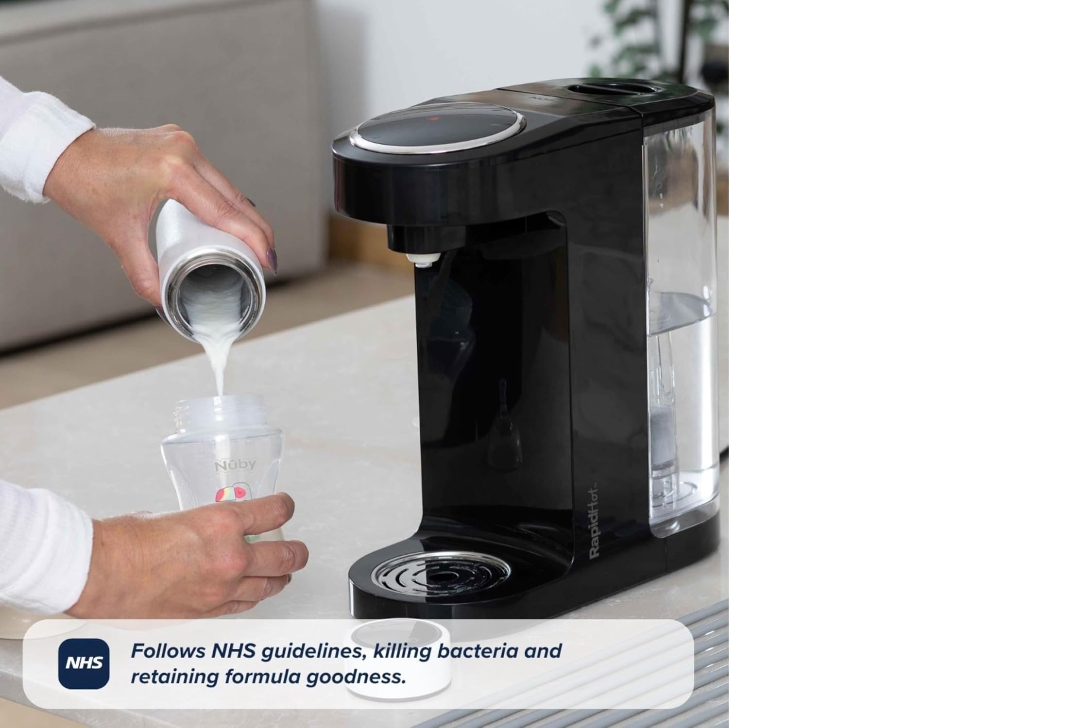 Nuby RapidHot - Fabricante de biberones, hecho para RapidCool - Agua hirviendo instantáneamente | Volúmenes y temperatura preestablecidos | Sigue las directrices del NHS (negro)