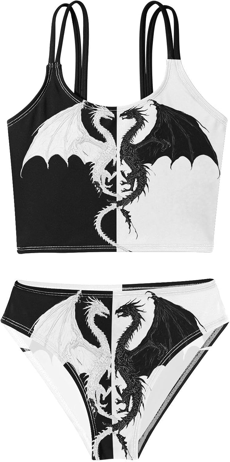 visesunny Girls Two Piece Swimsuits Cool Dragon Black White Girl's Bikini Sets Bathing Suits for Girls Size 5-12Y