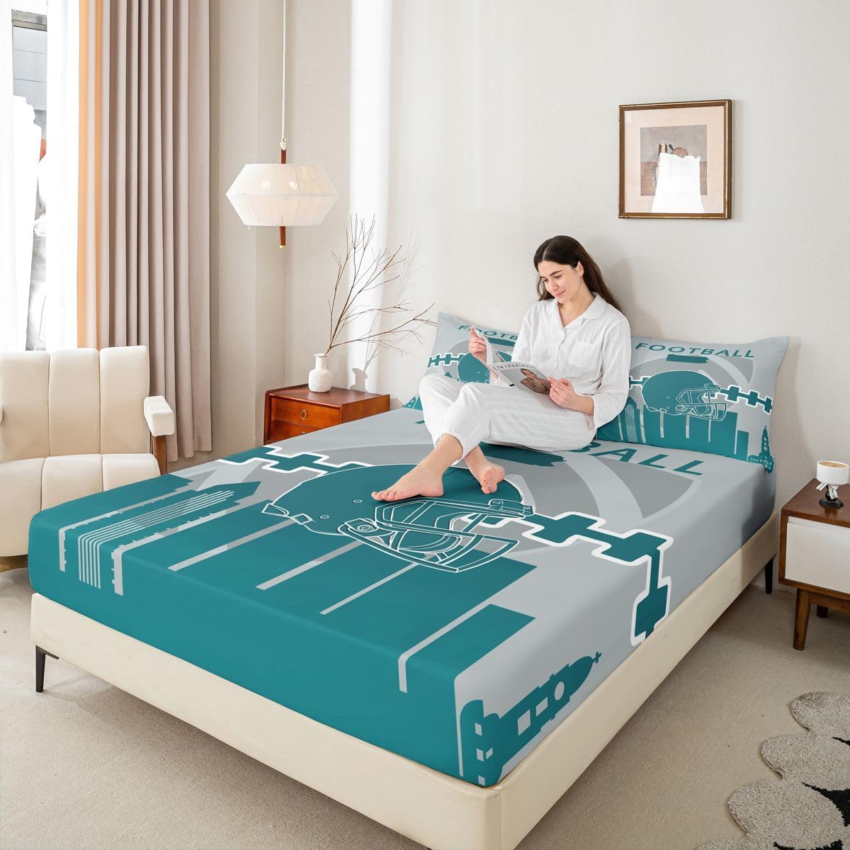 Erosebridal Football Themed Bed Sheets Queen,Football Fans Fitted Sheet for Boys,Sports Lovers Bed Cover,Rugby Bedding Set with 2 Pillowcases Wrinkle Free,Blue