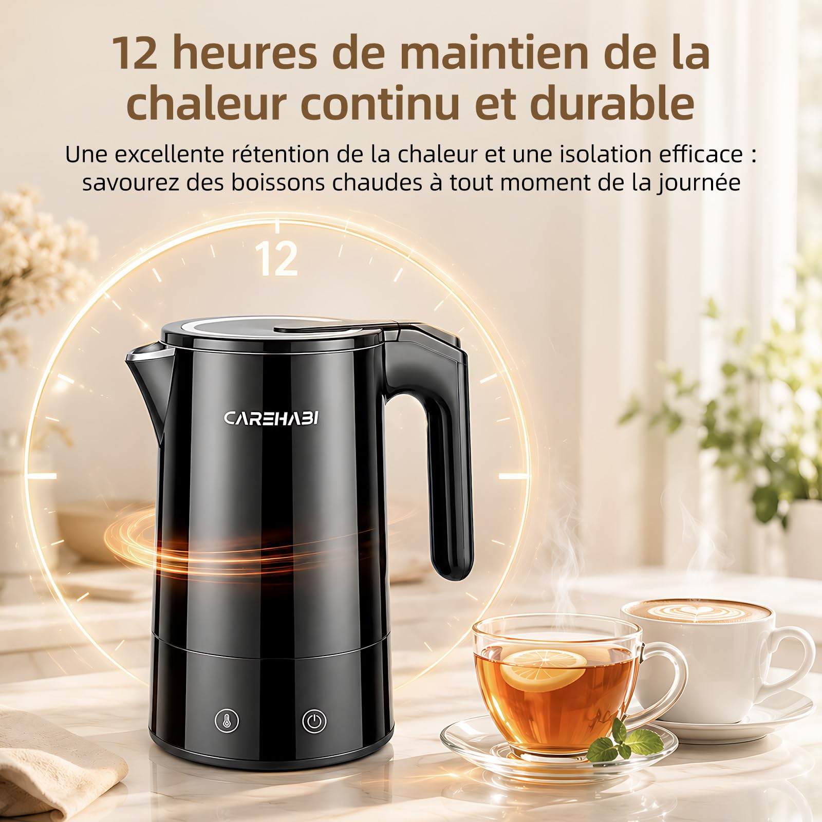Carehabi Bouilloire Électrique 1,7L 2200W Maintien au Chaud 12H Sans BPA