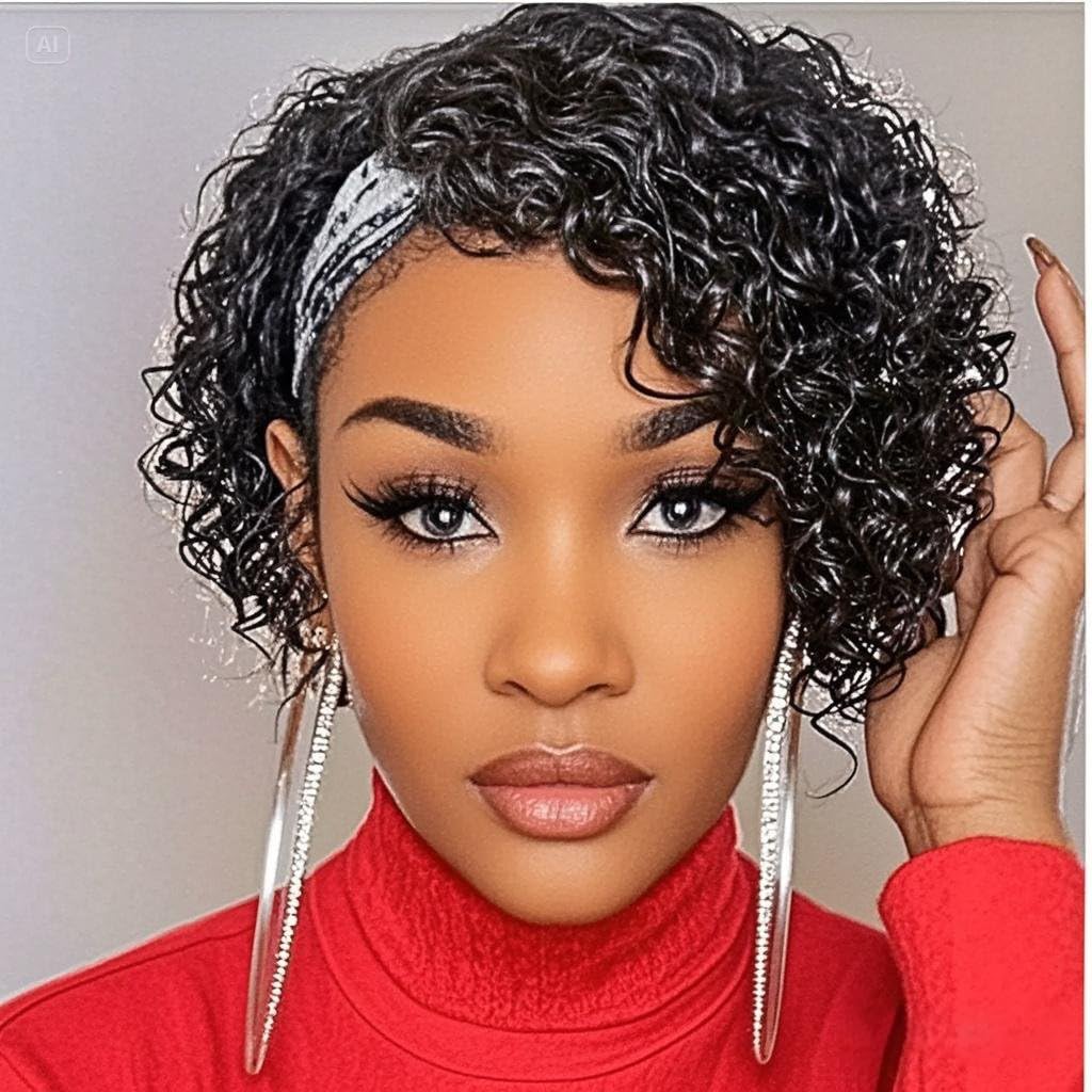 Headband Wig Human Hair Wigs for Black Women Curly Pixie Headband Human Hair Wigs Put on and Go Glueless Wig Natural Black 8 Inch