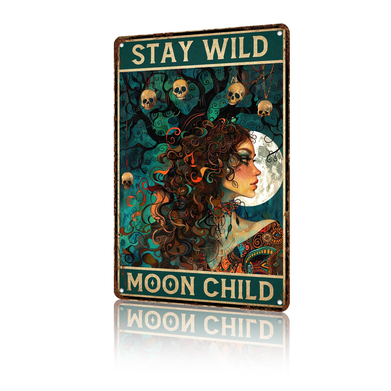Anceky Funny Metal Tin Sign Witch Halloween Stay Wild Moon Child Sign Retro Wall Decor for Indoor Bedroom Bar Home Yard Cafe 12×8 Inch