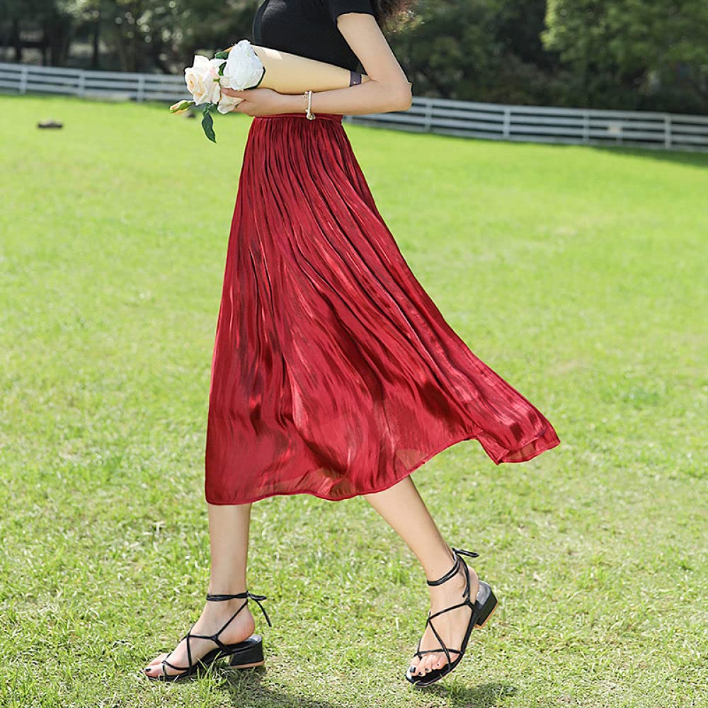 Falda Larga Mujer,Faldas Midi De Cintura Alta Seda De Imitación Nacarado Fluido Gran Swing Verano Elegante Temperamento Falda Plisada De Una Línea con Cintura Elástica para Niña Fecha De Vacacio