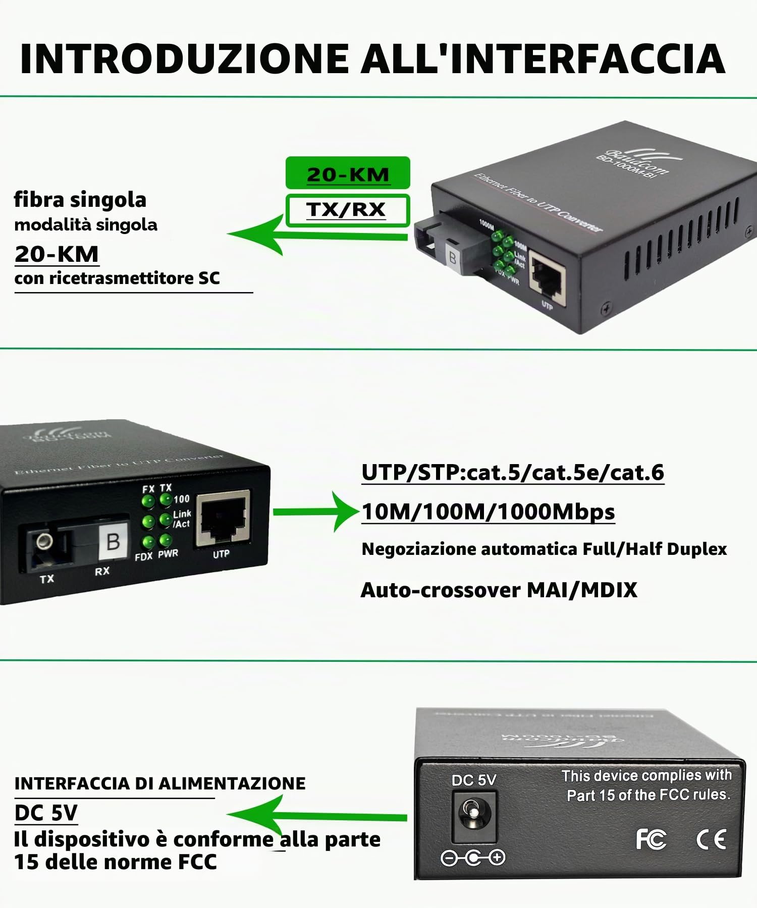 Convertitore multimediale in Fibra Gigabit Ethernet 10/100/1000M, ricetrasmettitori SC Singoli, modalità Singola 20KM, da RJ45 a 1000Base-LX, BIDI 20KM