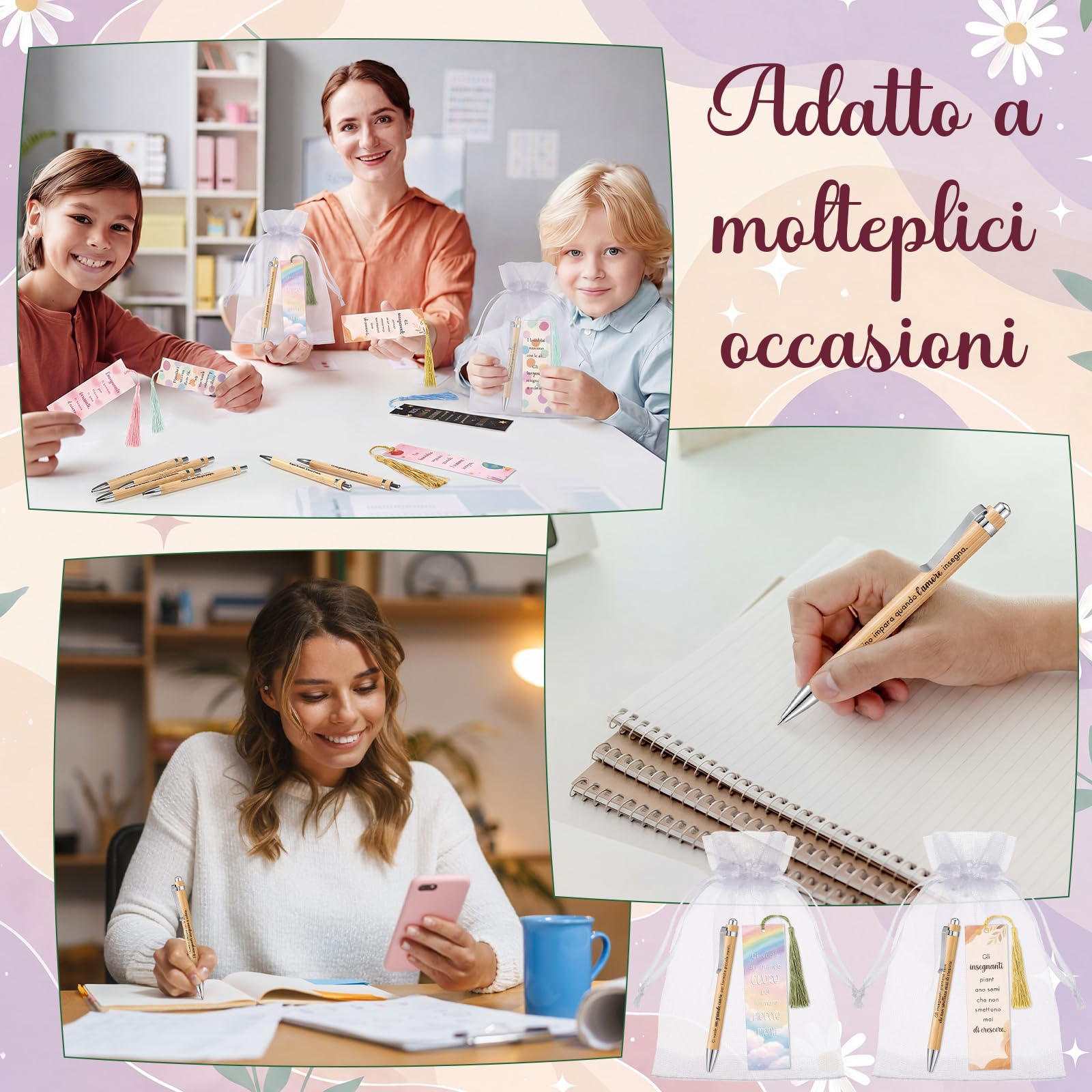 Tenare Set di 24 Regalo Grazie Maestre Fine Anno, Include 8 Penne a Sfera Insegnante, 8 Segnalibri con Nappe e 8 Sacchetti in Organza, Bomboniere Laurea Compleanno Pensionamento(Stile Naturale)