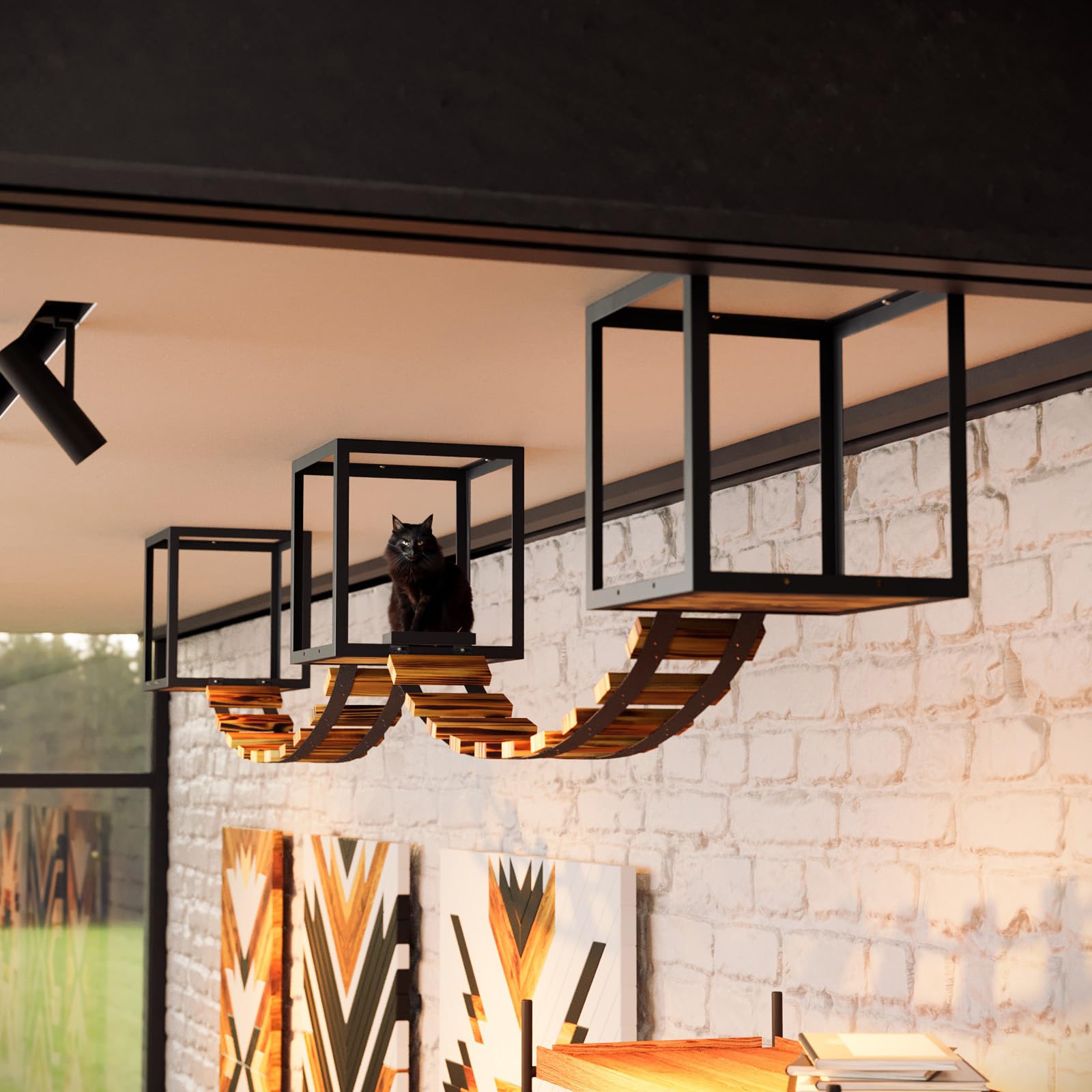 QLS Set arrampicata gatti legno/acciaio da soffitto loft | Con 2 ponti e 3 lettini per arrampicarsi, osservare e riposare, combinabile ed espandibile