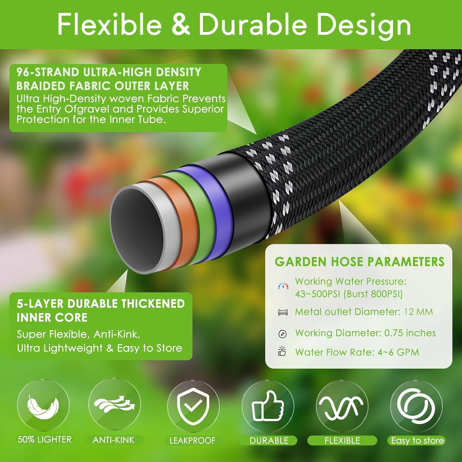 Flexible Garden Hose 100 ft, 2026 New No Kink Water Hose 100ft, 10 Function Nozzle, Solid Brass Fittings, Reinforced Outer Fabric & Inner Core, Ultra Lightweight for Gardening, Cleaning, Car Washing thumbnail