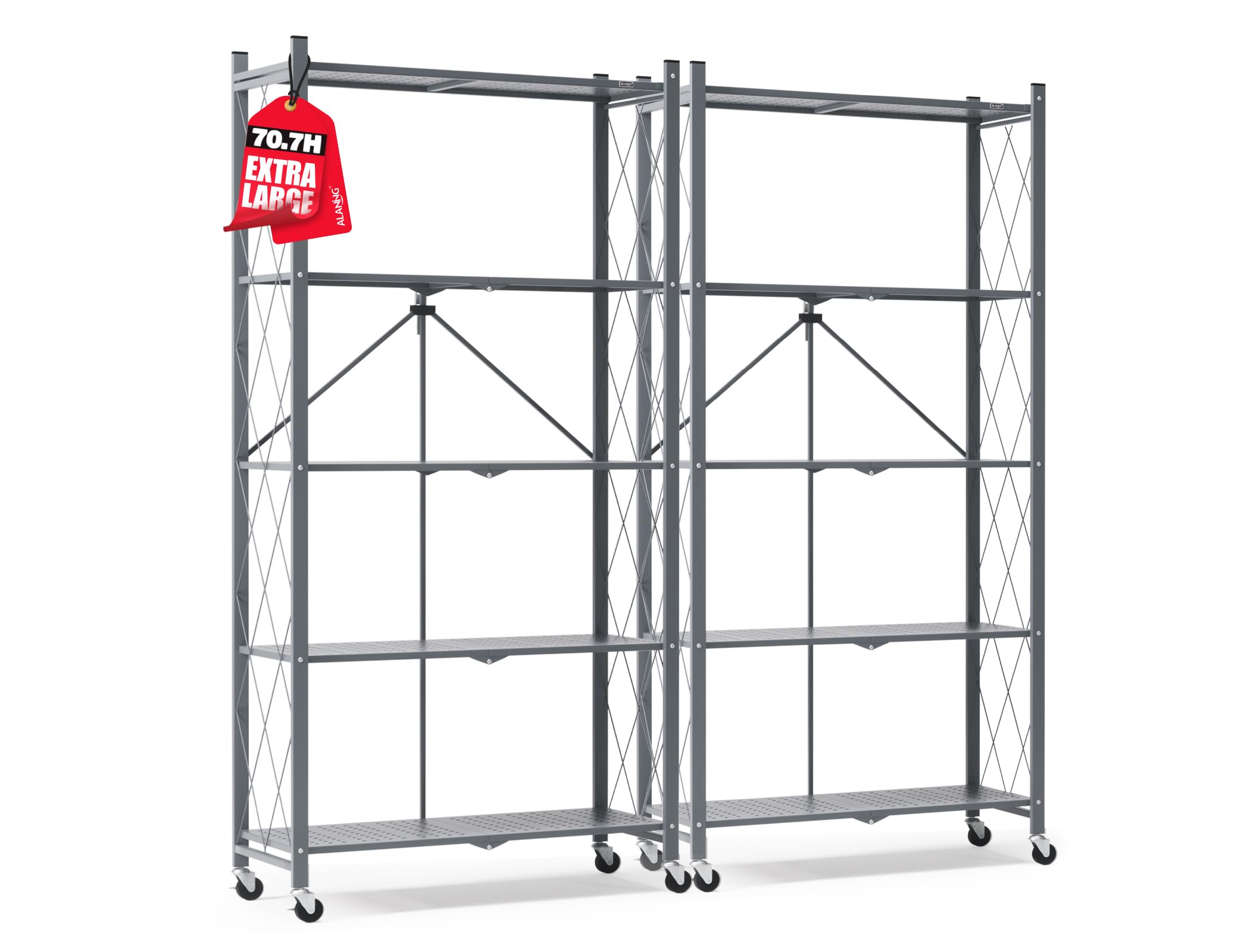 ALANNG 70.7" H Metal Storage Shelves, 5 Tier Folding Shelf on Wheels